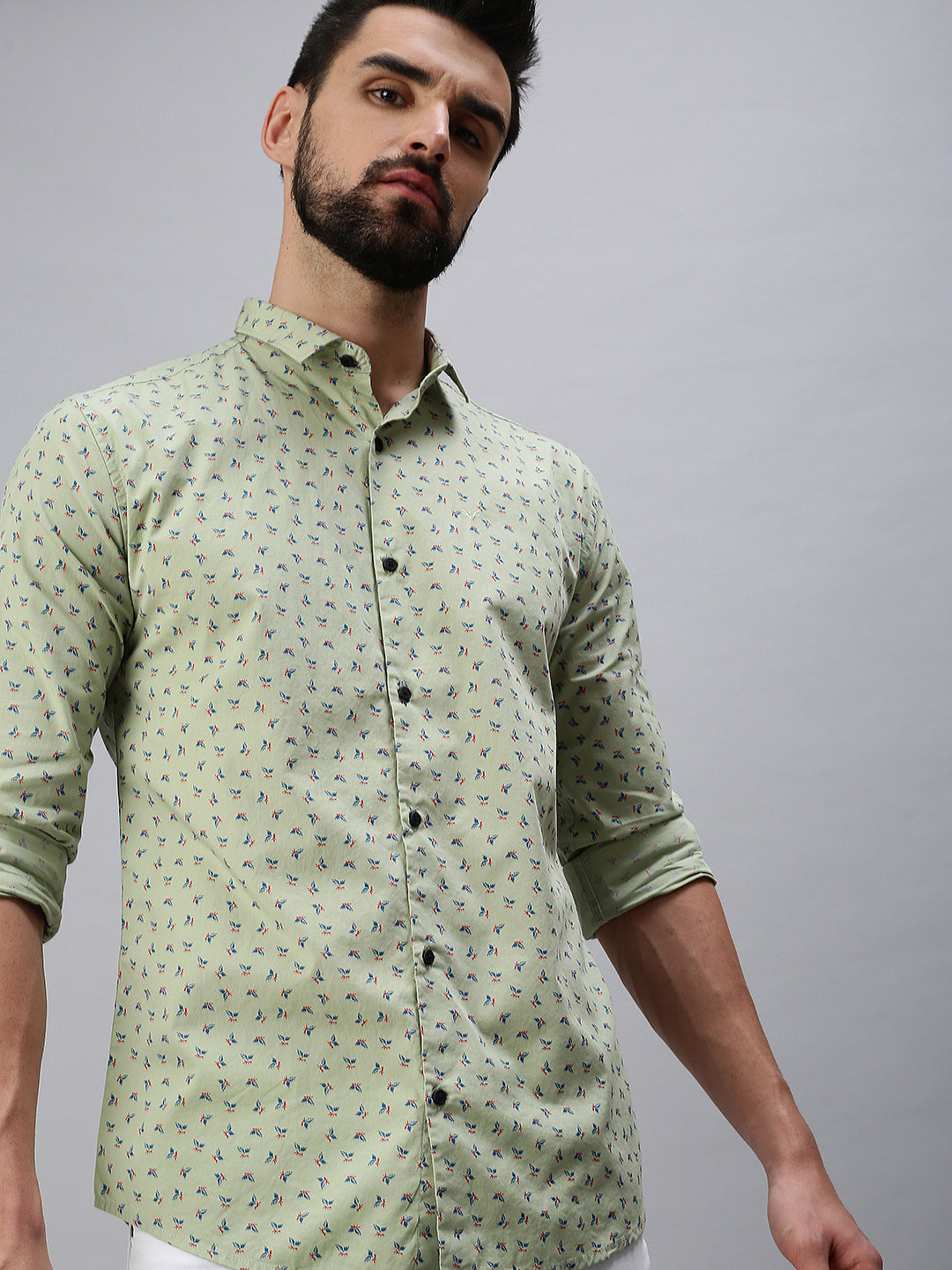 Men Spread Collar Printed Green Shirt