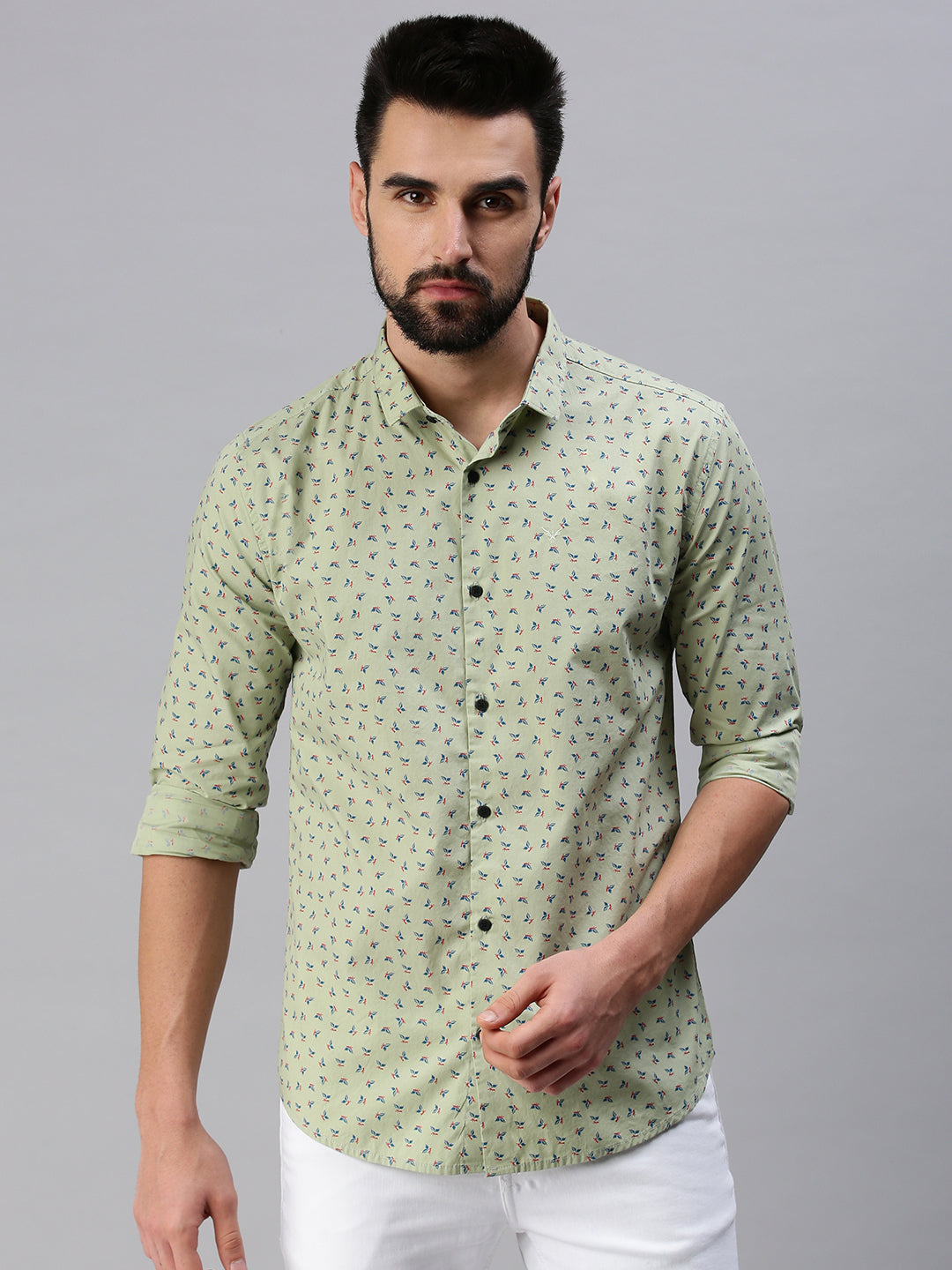 Men Spread Collar Printed Green Shirt