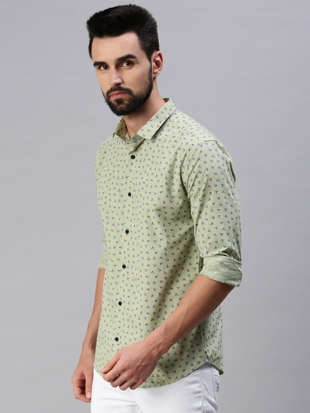 Men Spread Collar Printed Green Shirt