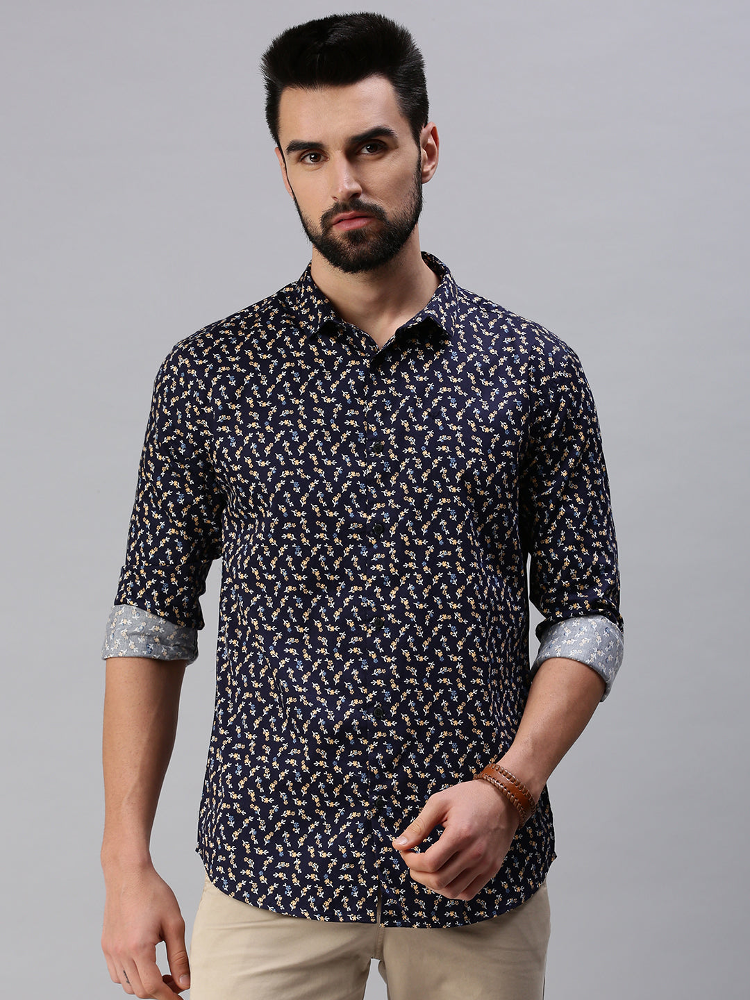 Men Spread Collar Printed Navy Blue Shirt