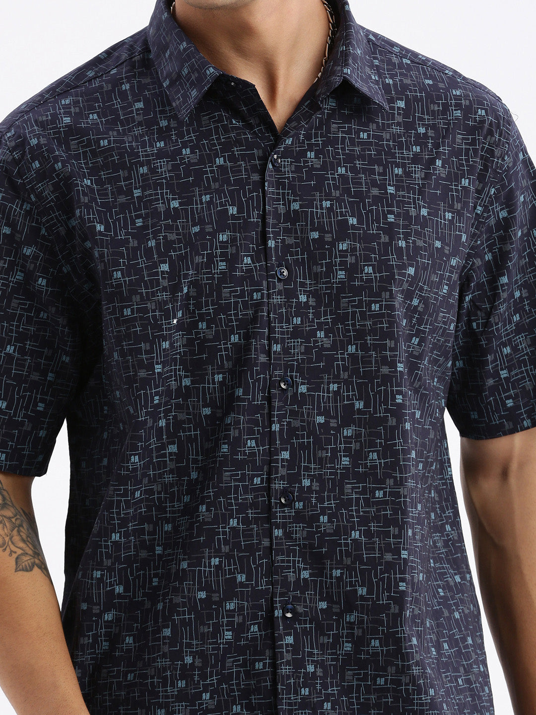 Men Spread Collar Abstract Slim Fit Navy Blue Shirt