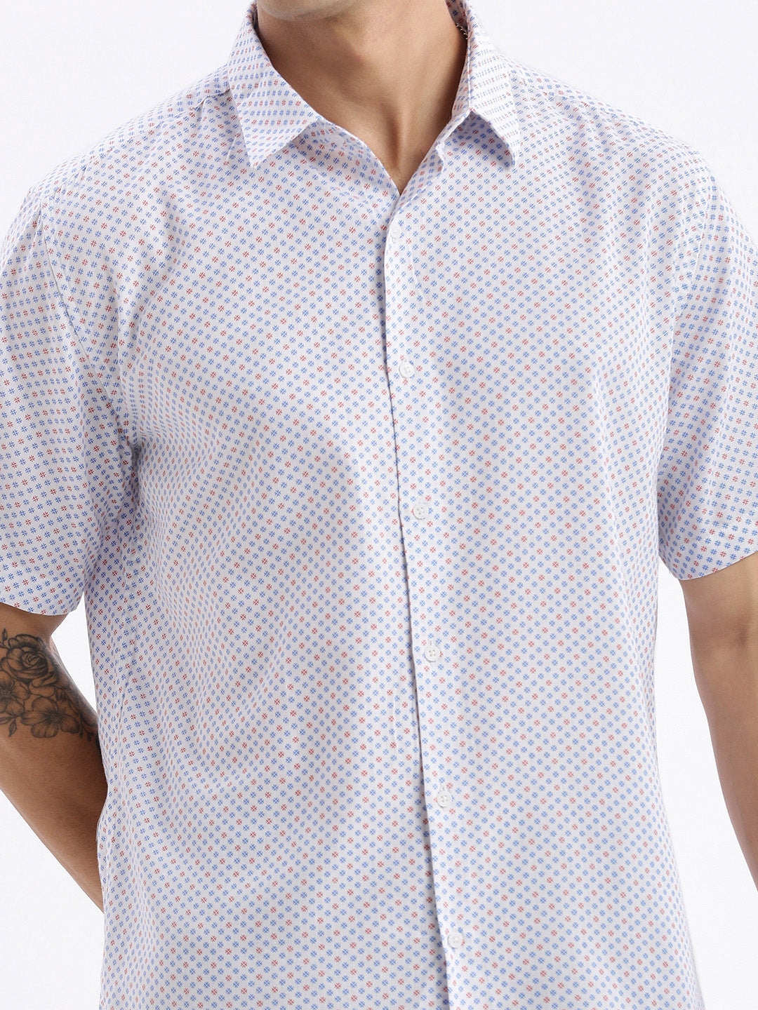 Men Spread Collar Printed Slim Fit White Shirt