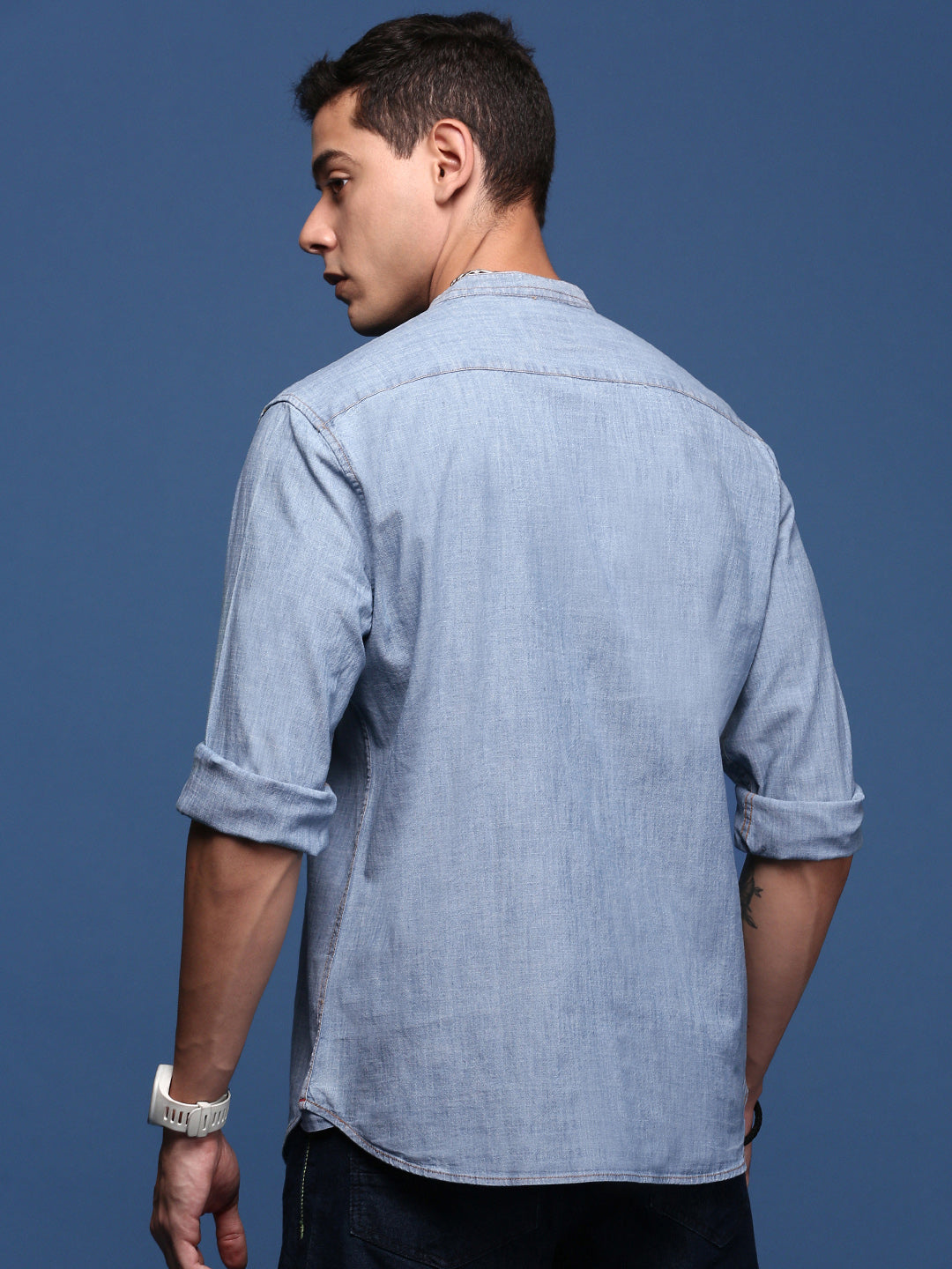 Men Mandarin Collar Solid Blue Slim Fit Shirt