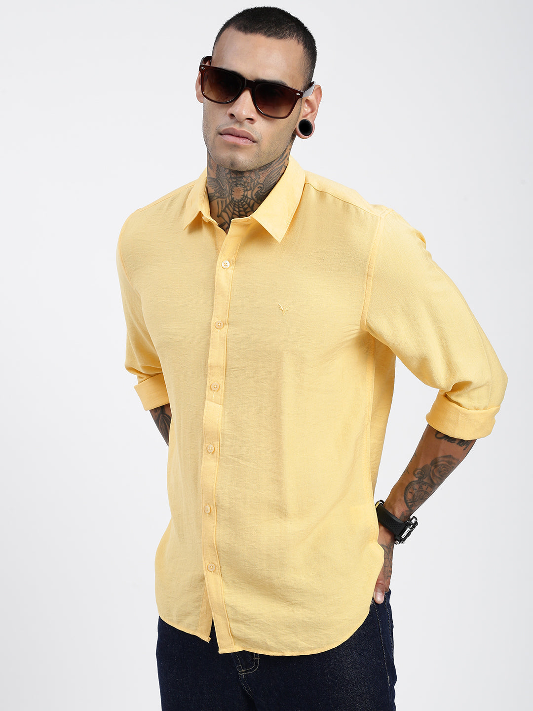 Men Solid Yellow Slim Fit Shirt