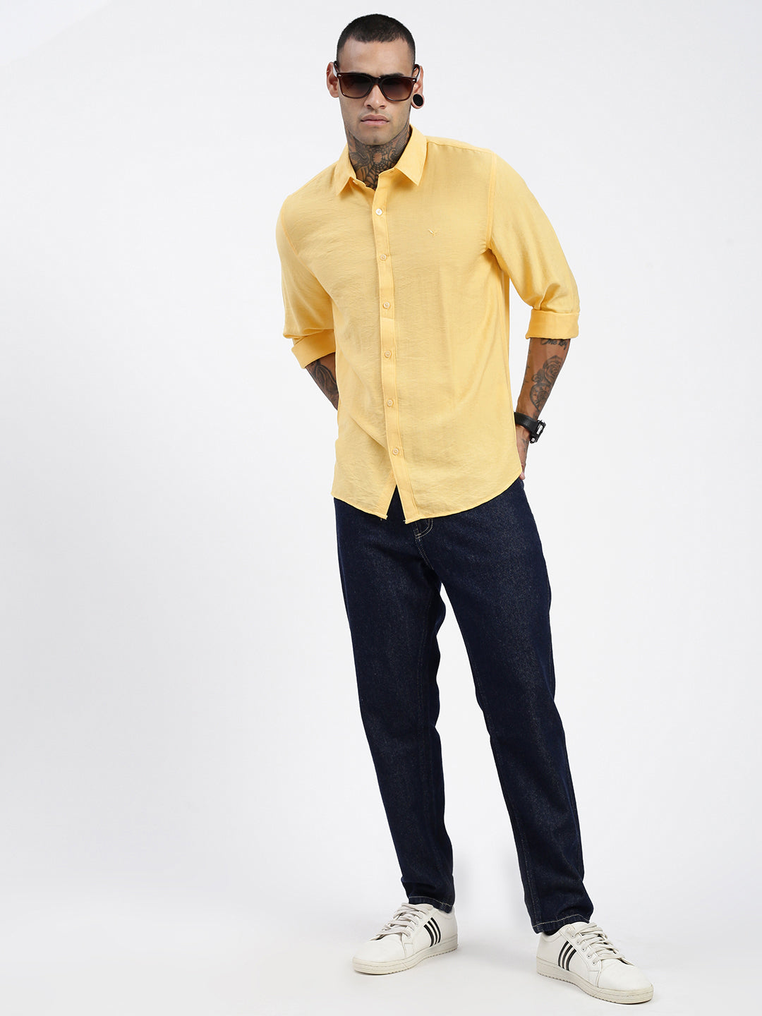 Men Solid Yellow Slim Fit Shirt