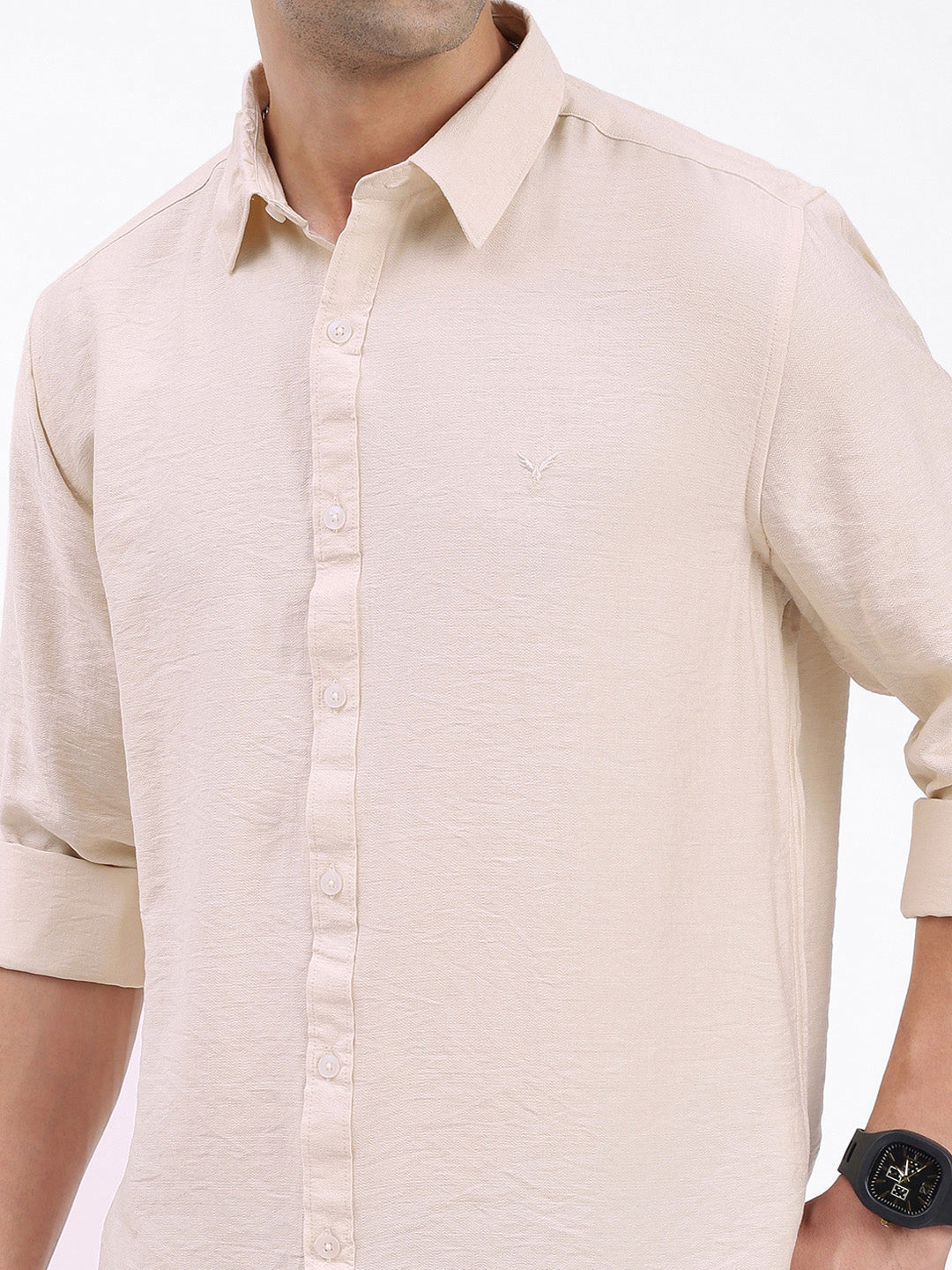 Men Solid Cream Slim Fit Shirt