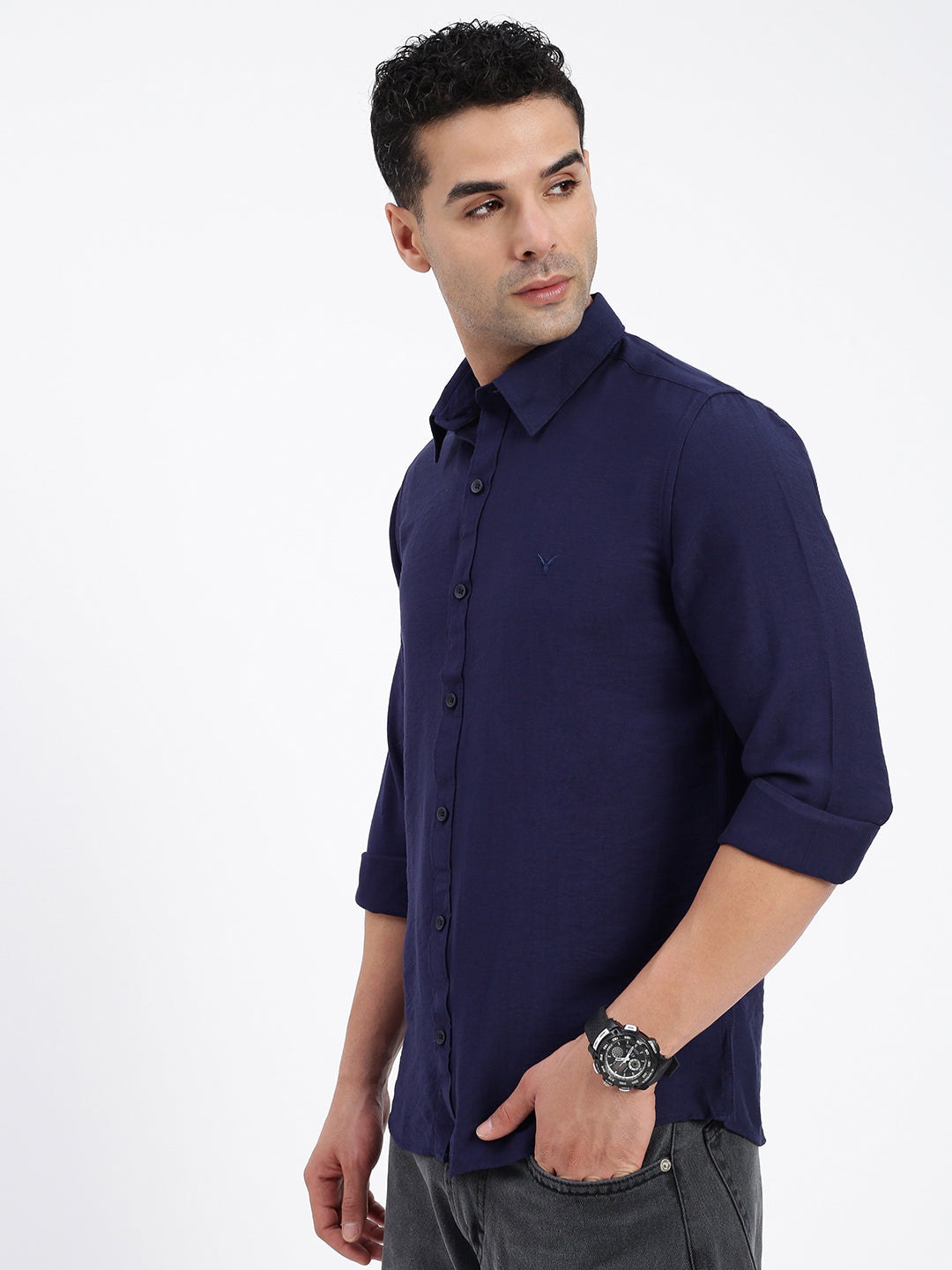 Men Solid Navy Blue Slim Fit Shirt