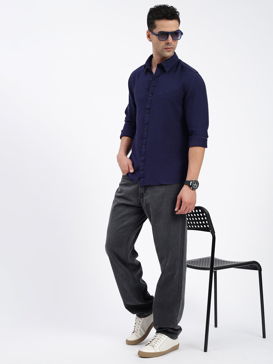 Men Solid Navy Blue Slim Fit Shirt