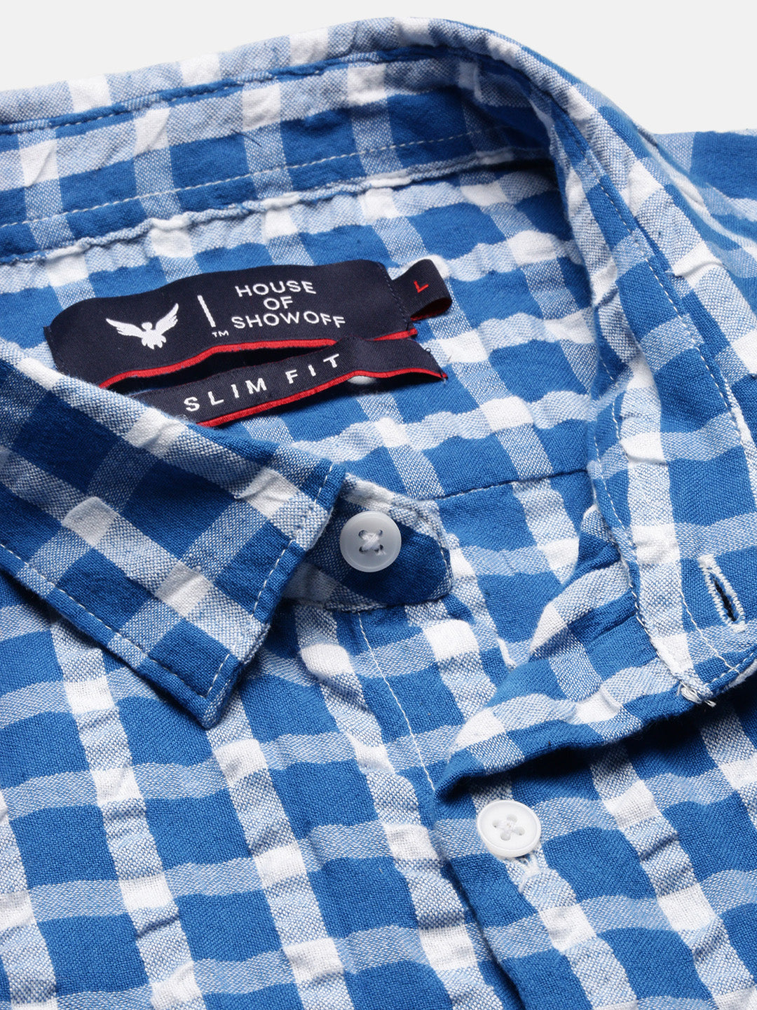 Men Spread Collar Checked Slim Fit Blue Shirt