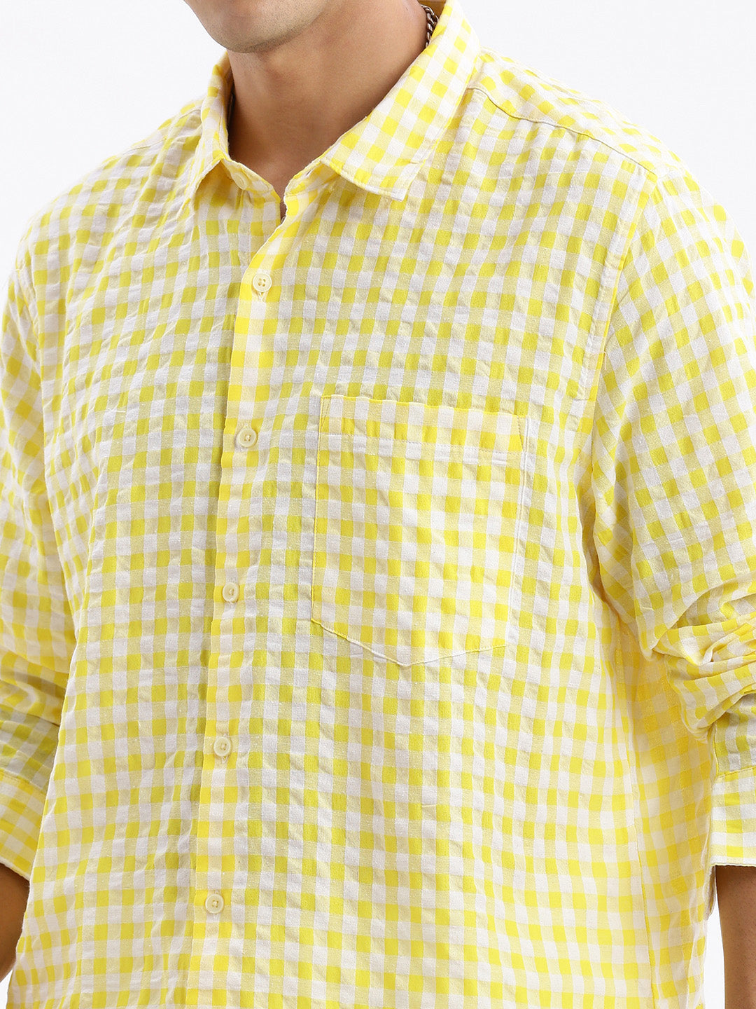 Men Spread Collar Checked Slim Fit Yellow Shirt
