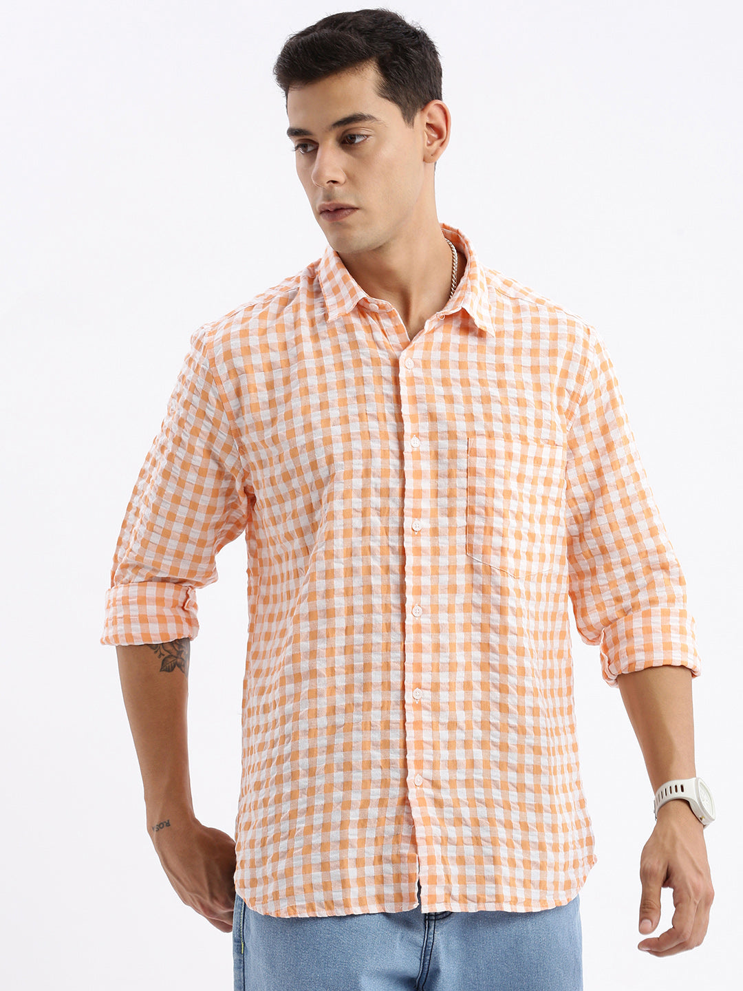 Men Spread Collar Checked Slim Fit Orange Shirt