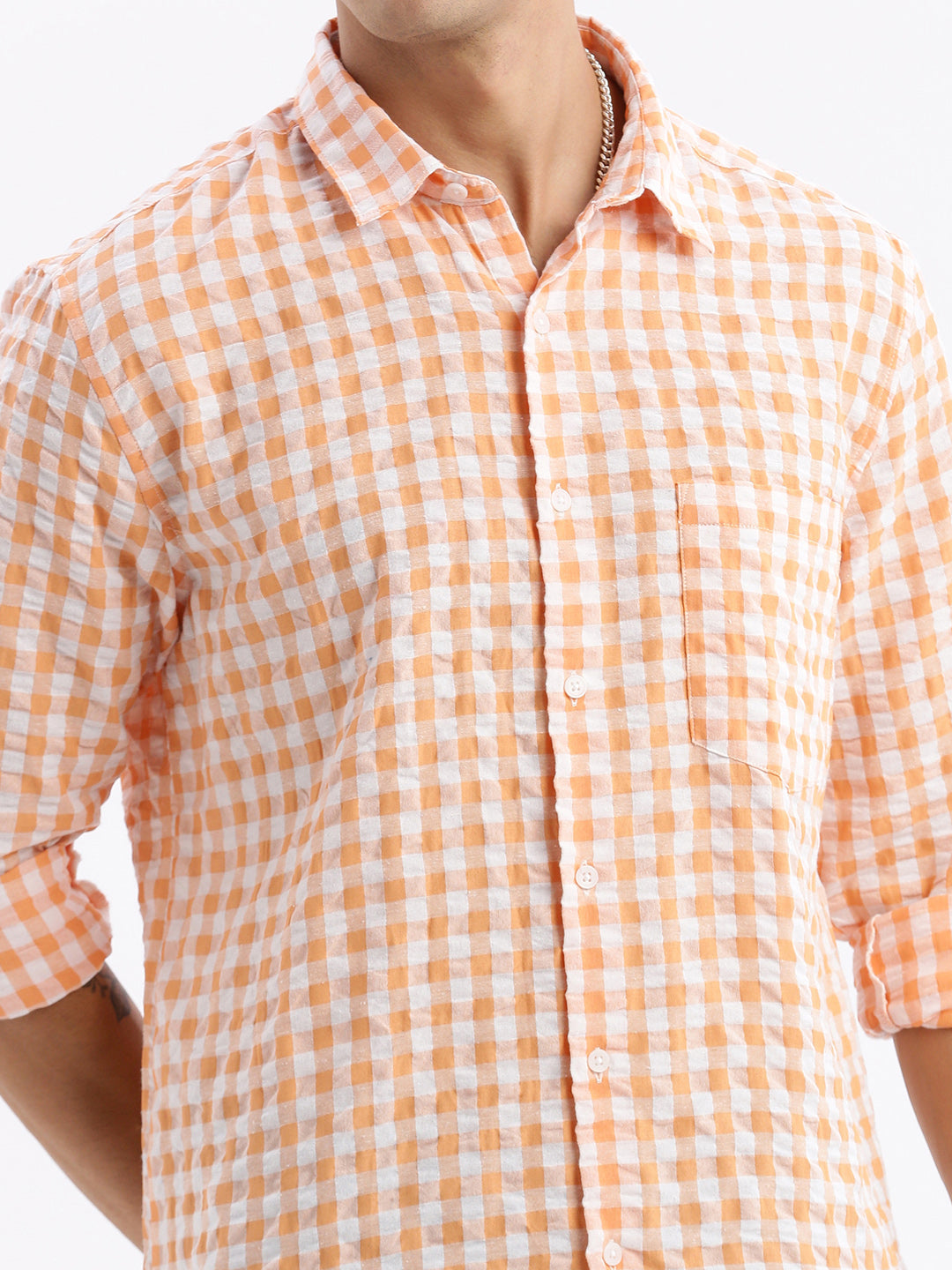 Men Spread Collar Checked Slim Fit Orange Shirt