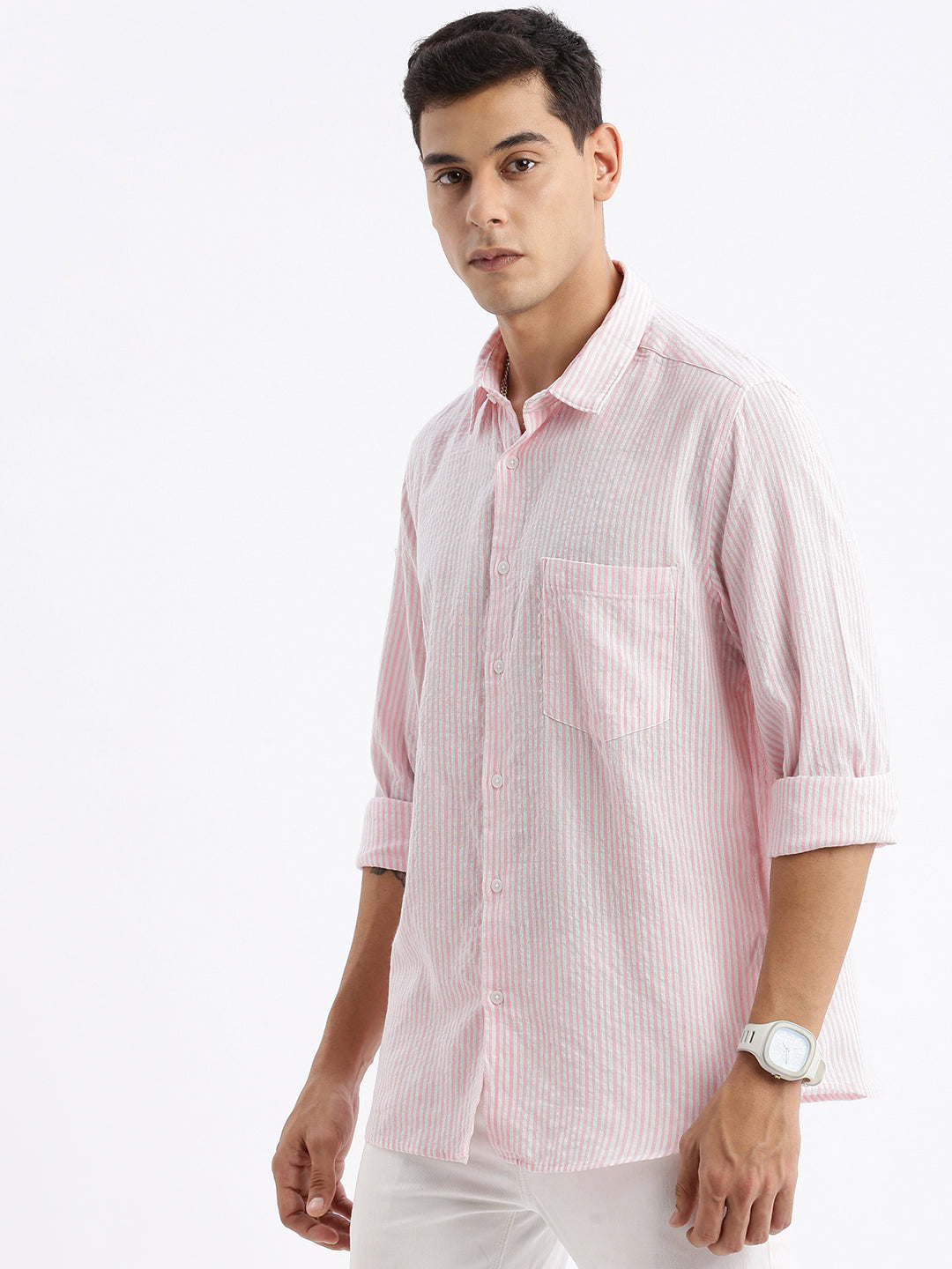 Men Spread Collar Striped Slim Fit Pink Shirt