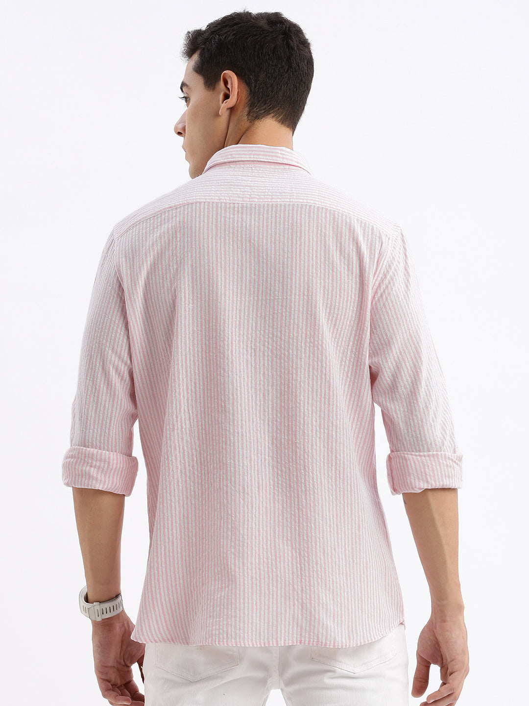 Men Spread Collar Striped Slim Fit Pink Shirt