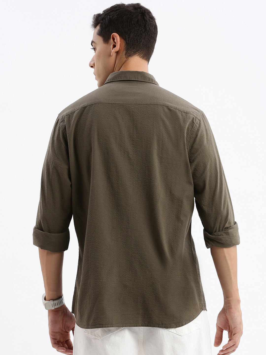 Men Spread Collar Checked Slim Fit Olive Shirt