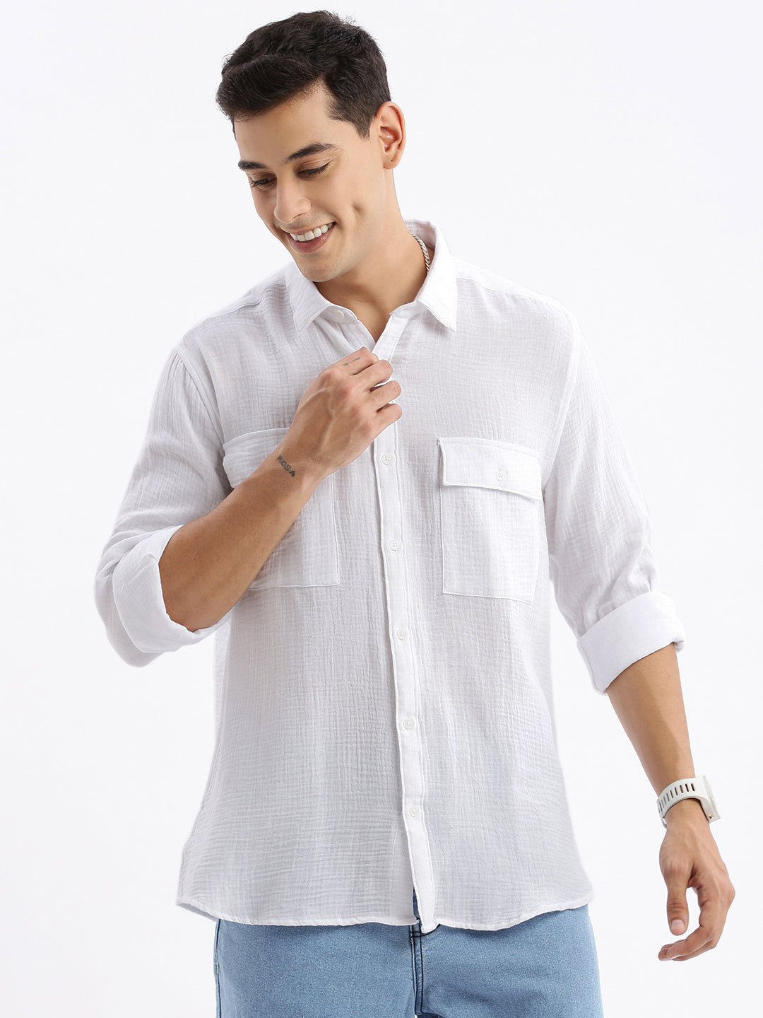 Men Spread Collar Solid Slim Fit White Shirt
