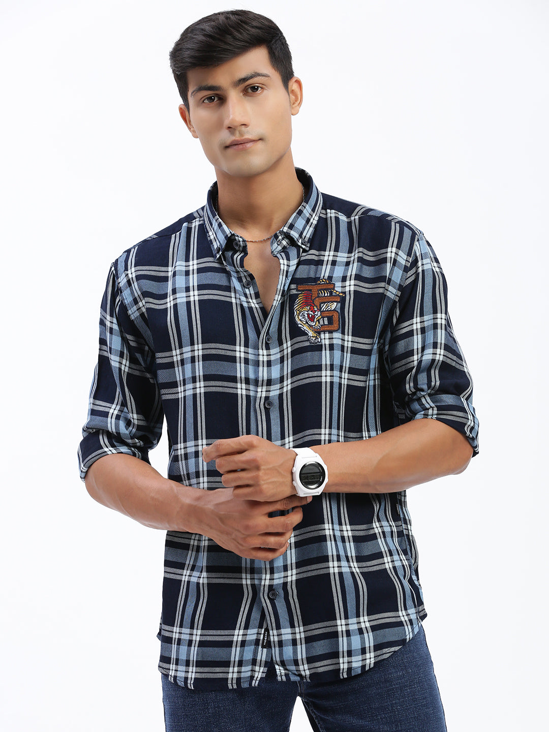 Men Checked Navy Blue Slim Fit Shirt