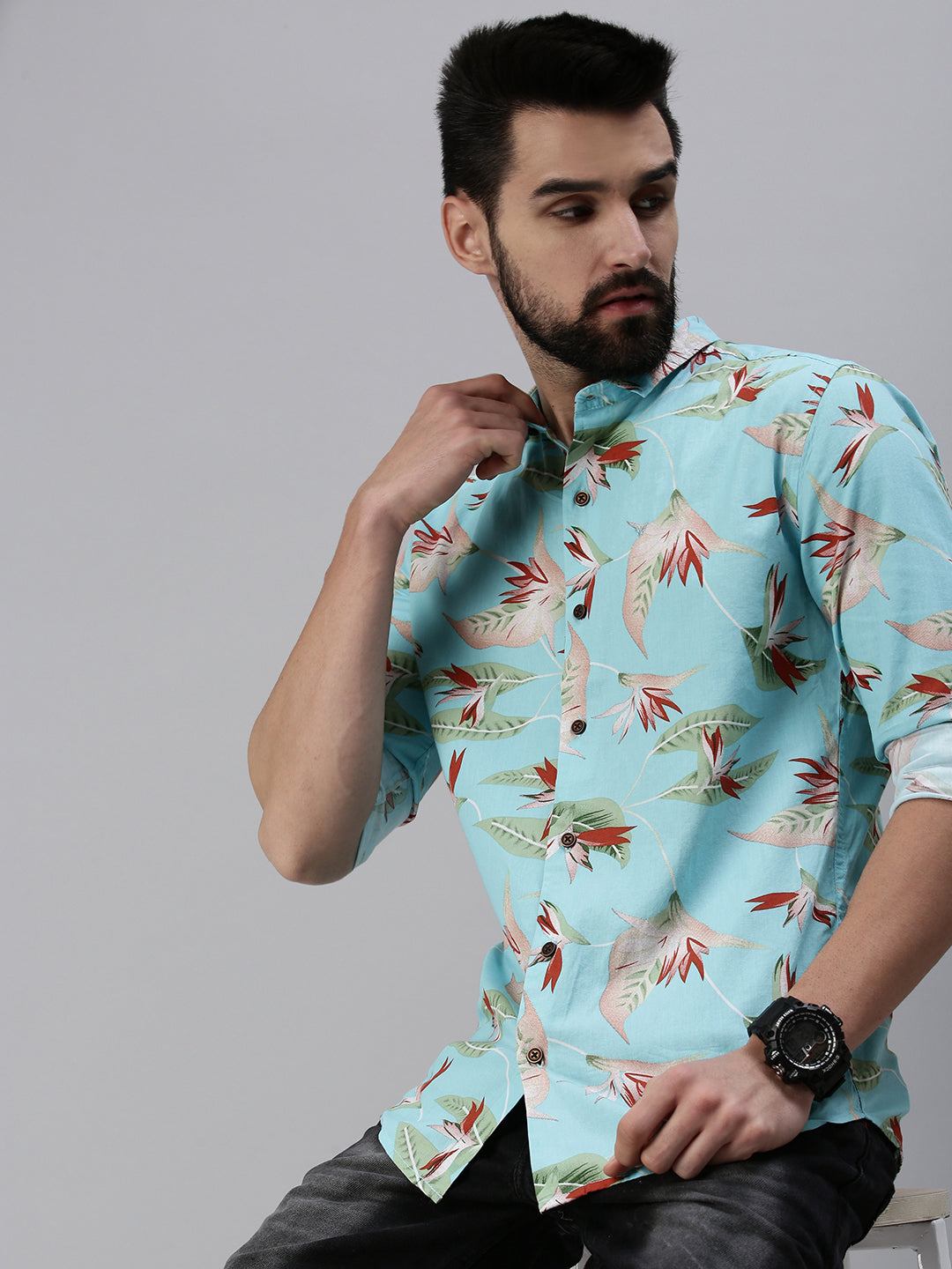 Men Spread Collar Printed Blue Shirt