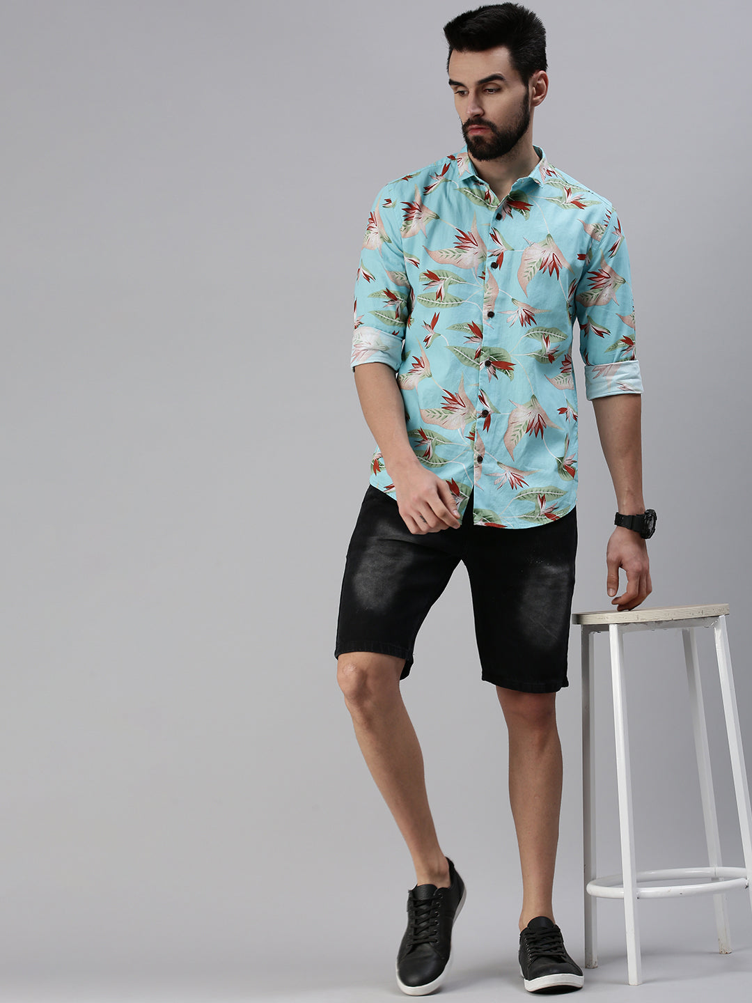 Men Spread Collar Printed Blue Shirt