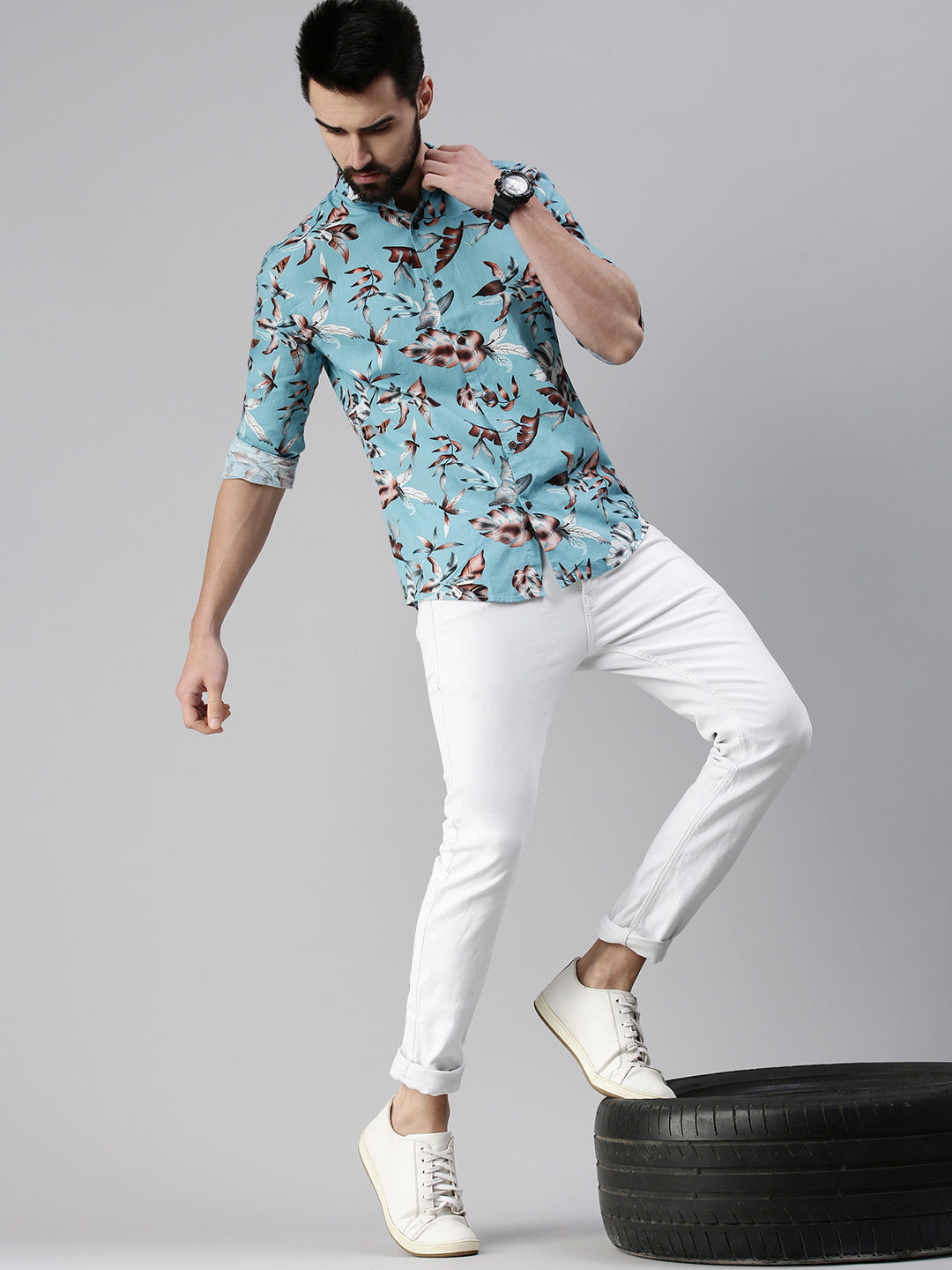 Men Spread Collar Printed Blue Shirt