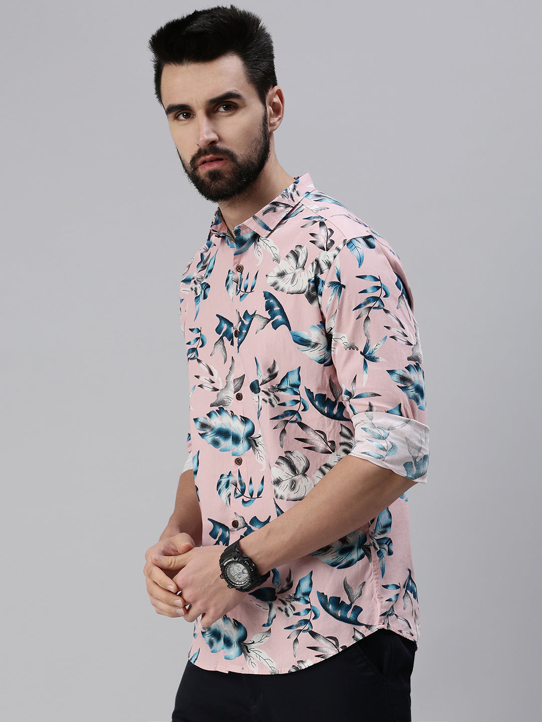 Men Spread Collar Printed Pink Shirt