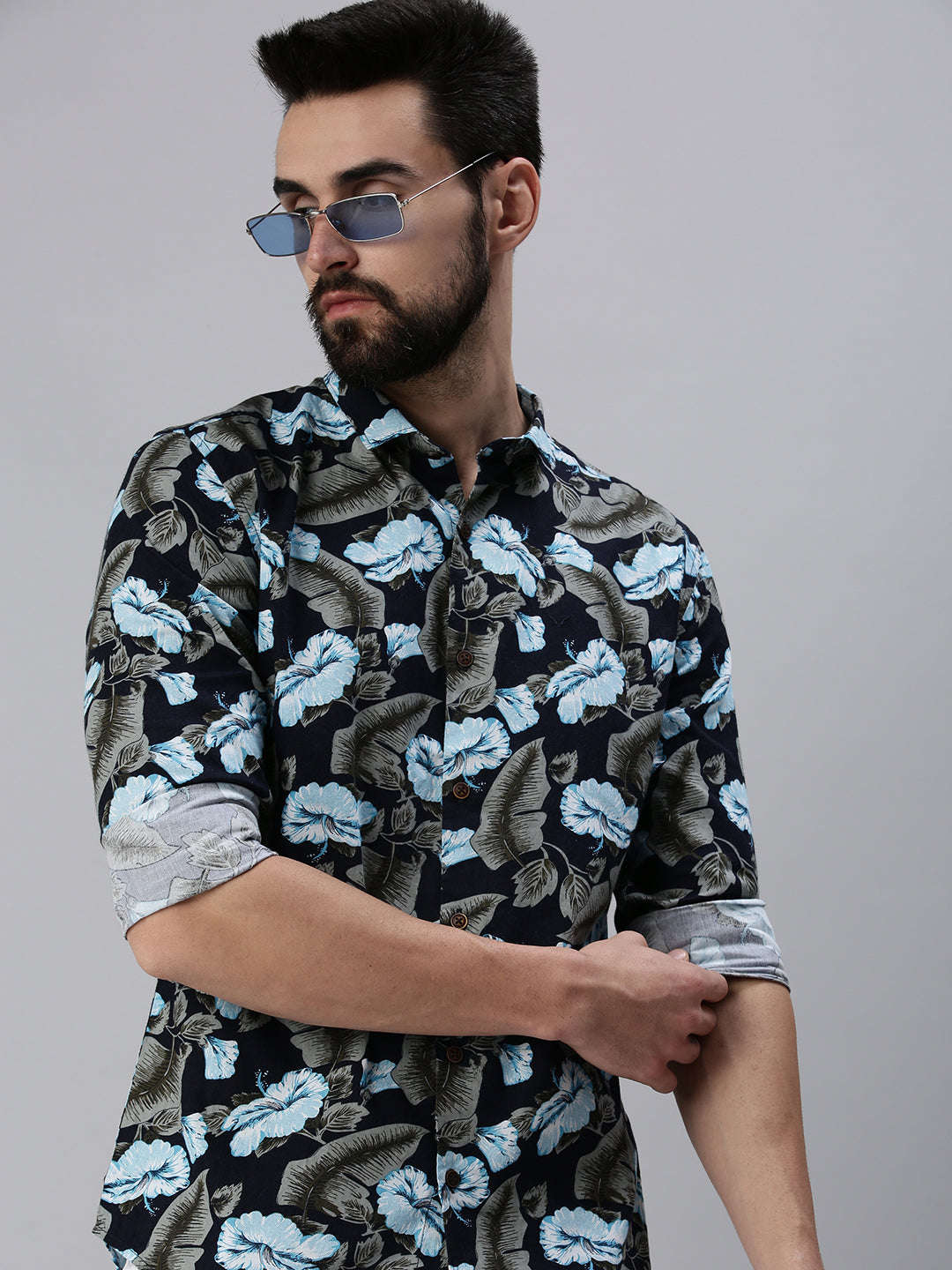 Men Spread Collar Printed Navy Blue Shirt