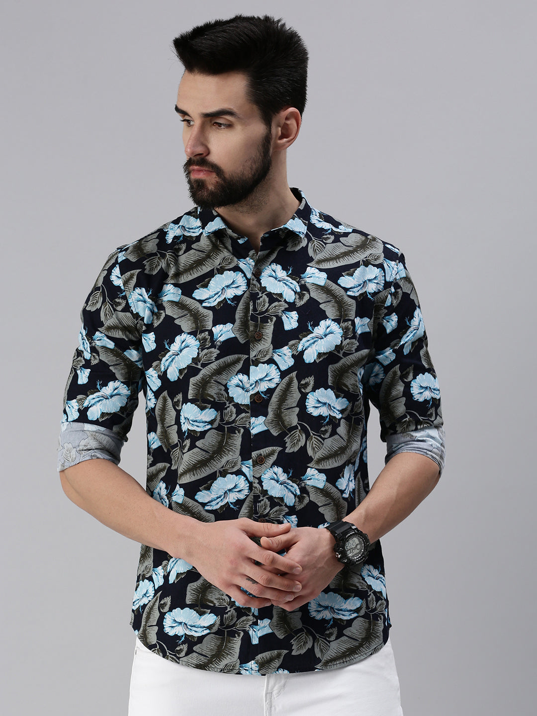 Men Spread Collar Printed Navy Blue Shirt