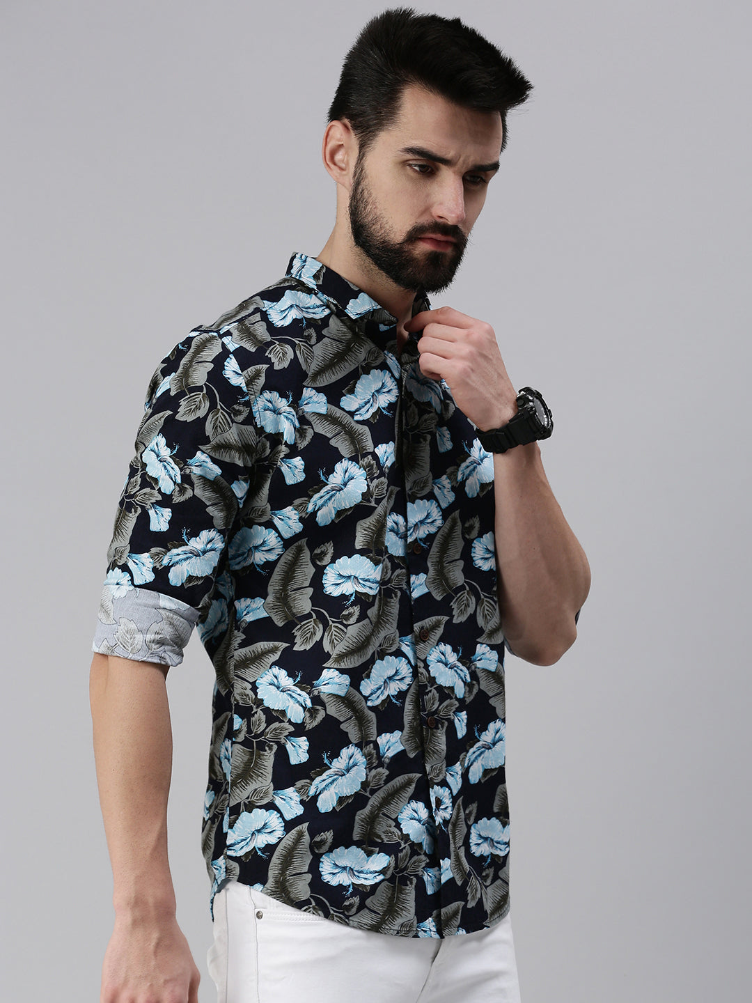 Men Spread Collar Printed Navy Blue Shirt