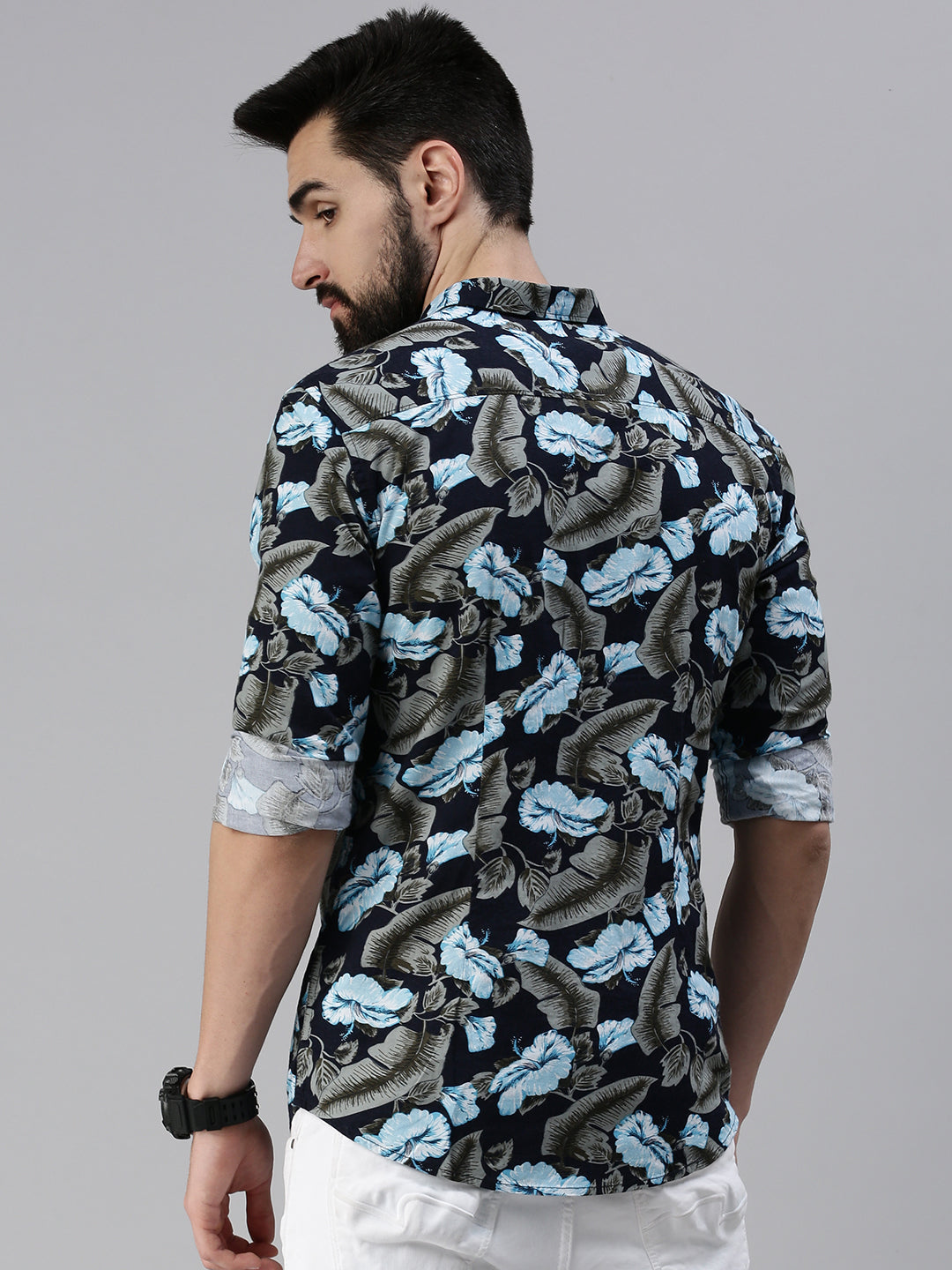 Men Spread Collar Printed Navy Blue Shirt