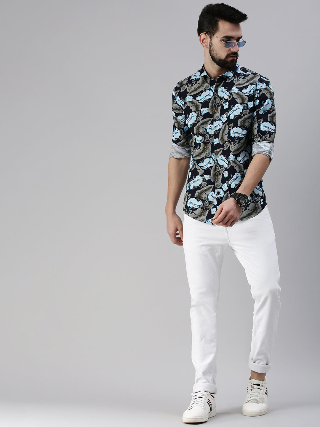 Men Spread Collar Printed Navy Blue Shirt