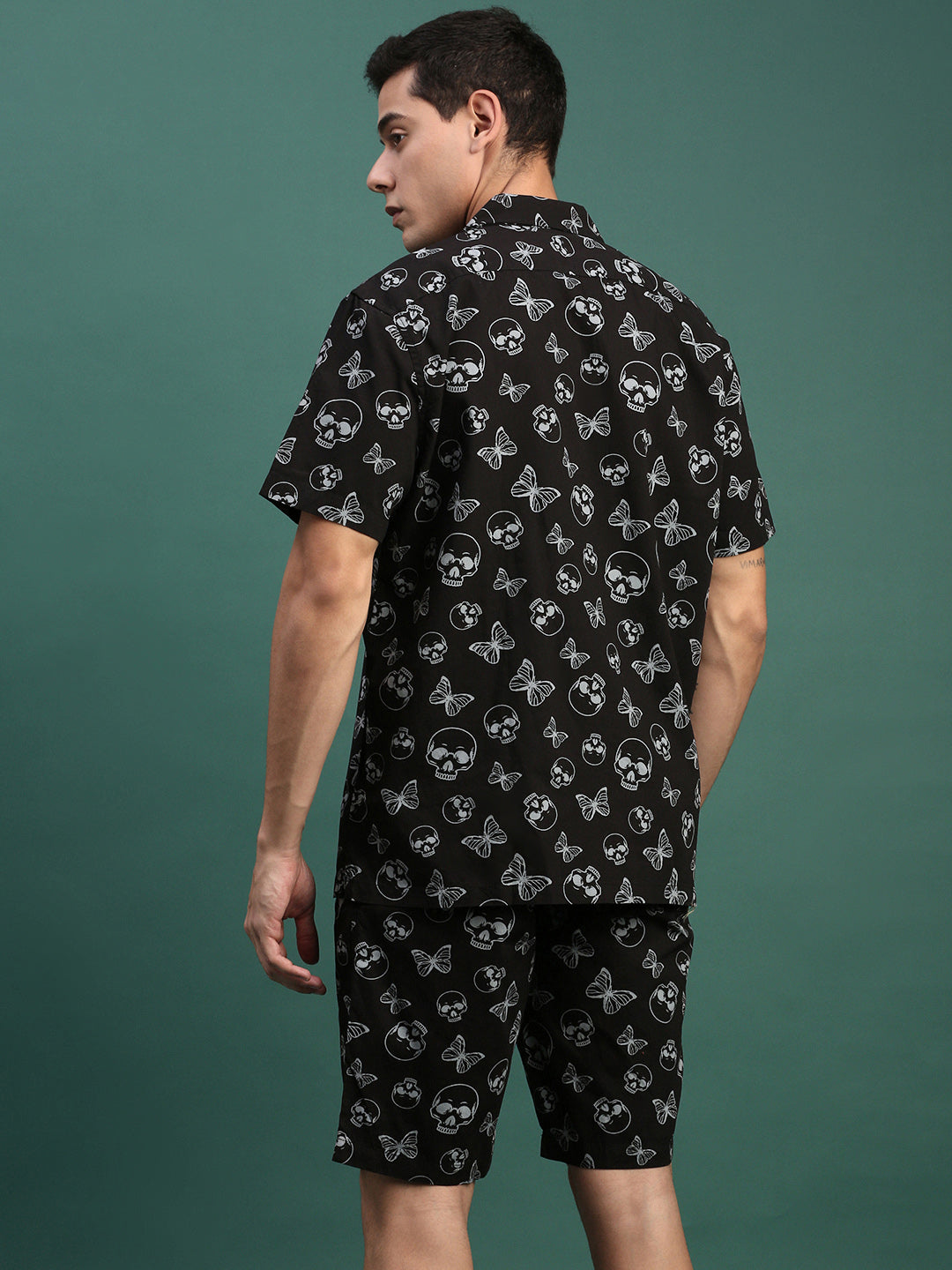 Men Printed Cuban Collar Black Relaxed Fit Co Ords Set