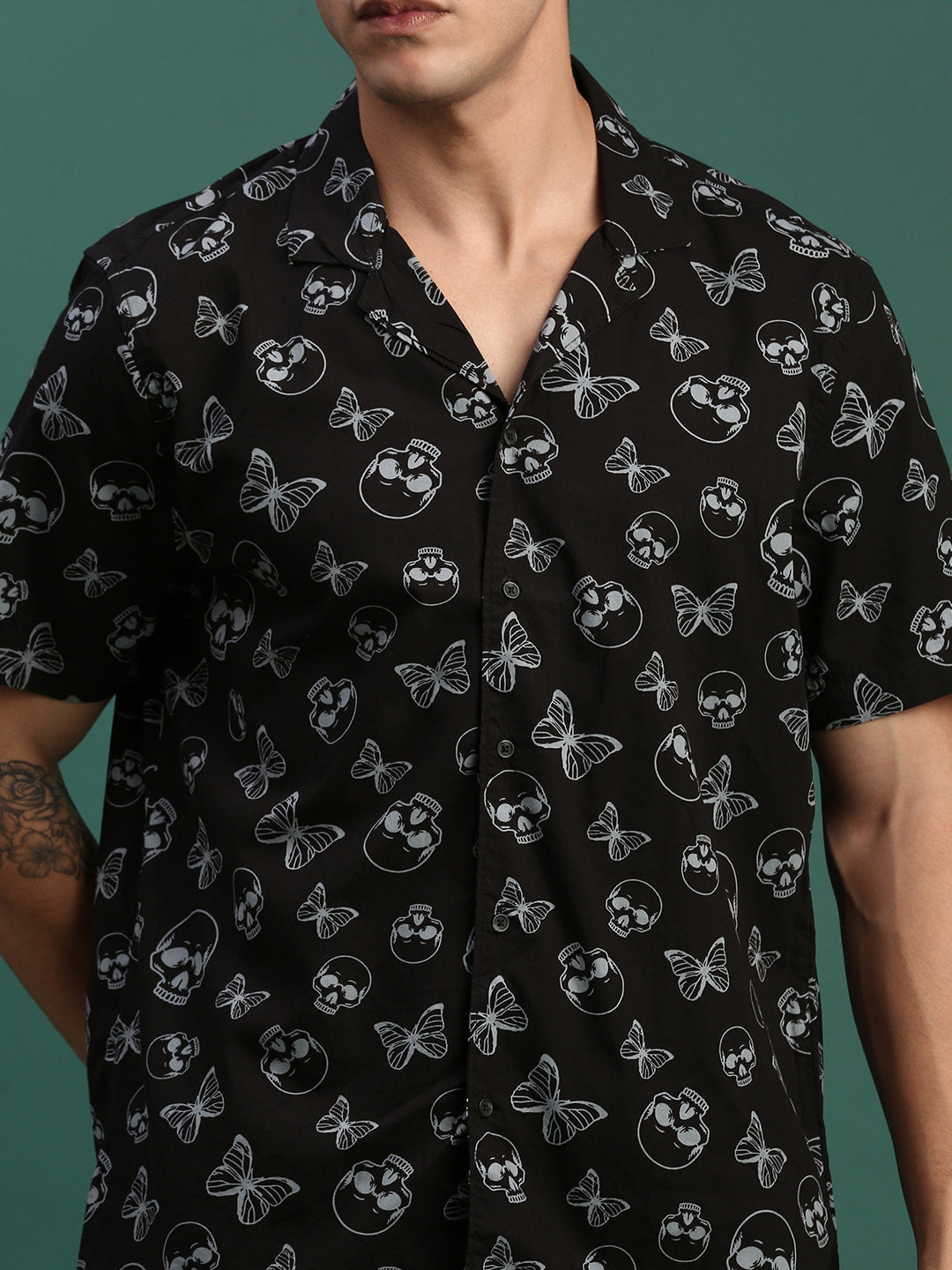 Men Printed Cuban Collar Black Relaxed Fit Co Ords Set