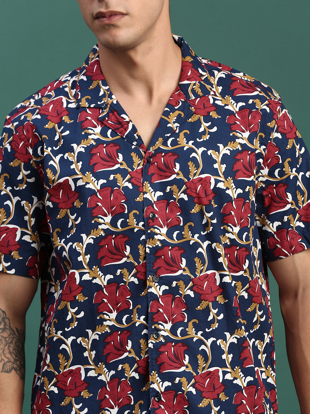 Men Printed Cuban Collar Navy Blue Relaxed Fit Co Ords Set
