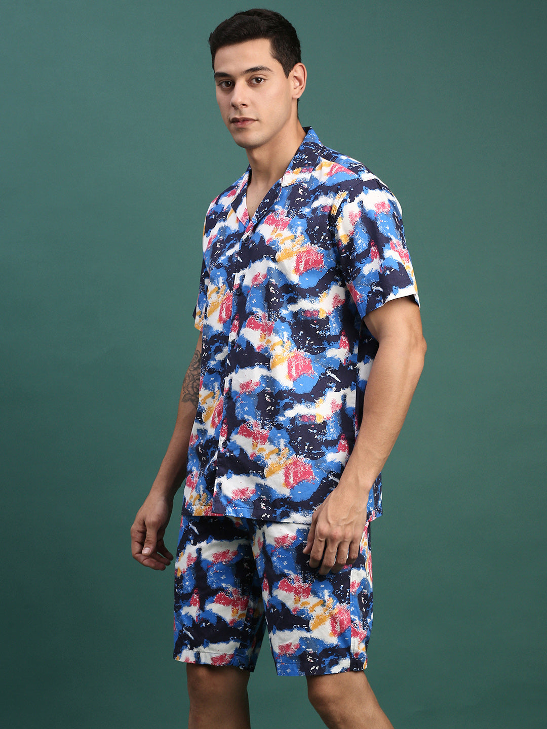 Men Printed Cuban Collar Multi Relaxed Fit Co Ords Set