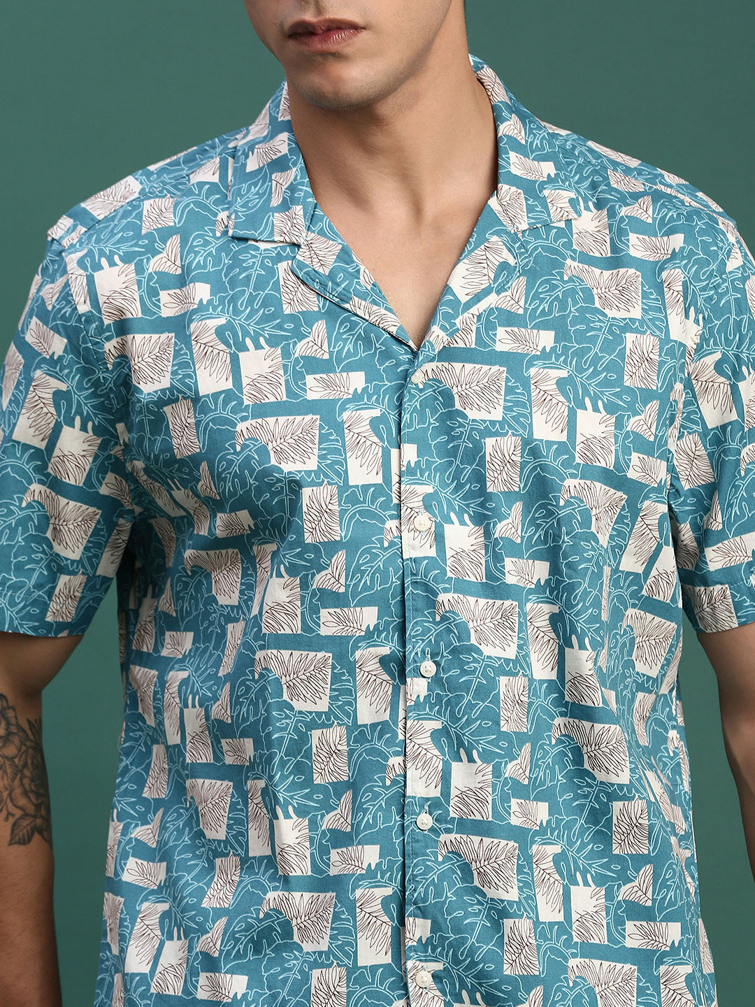 Men Printed Cuban Collar Blue Relaxed Fit Co Ords Set