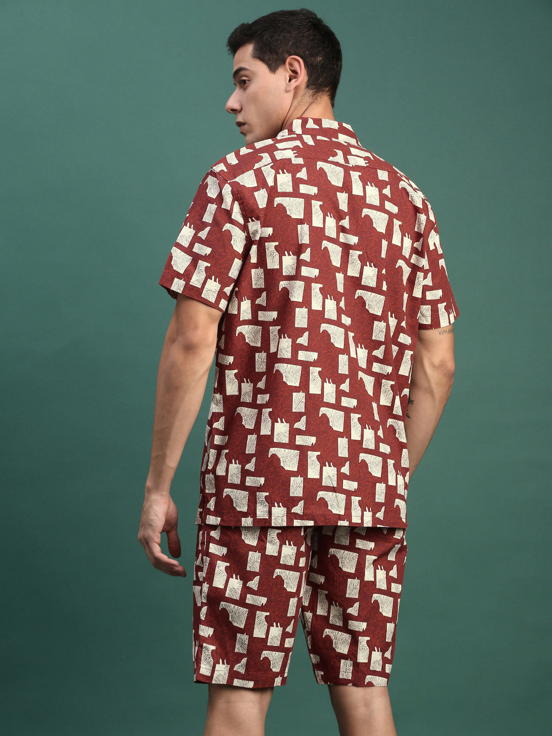 Men Printed Cuban Collar Maroon Relaxed Fit Co Ords Set