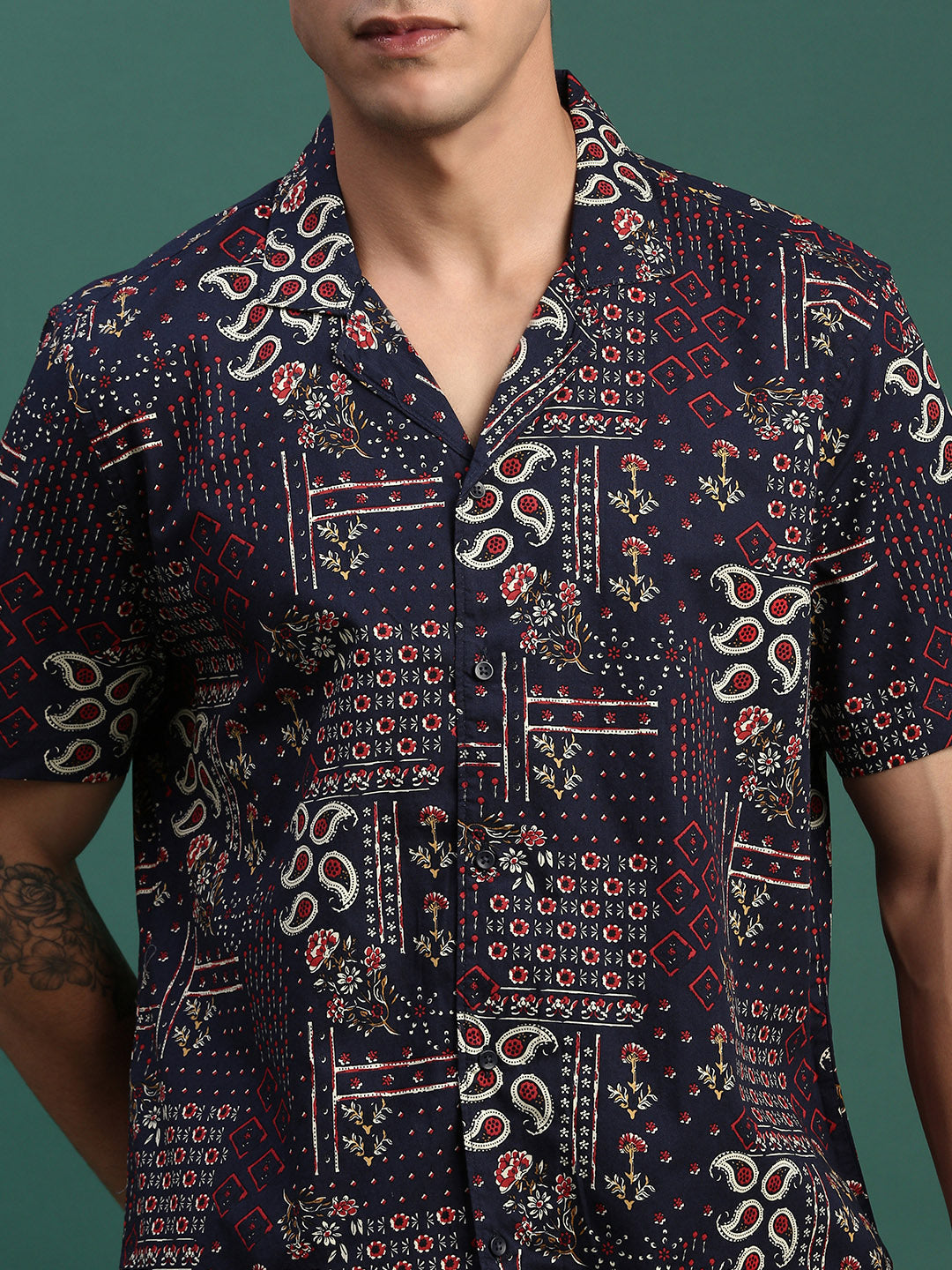 Men Printed Cuban Collar Navy Blue Relaxed Fit Co Ords Set