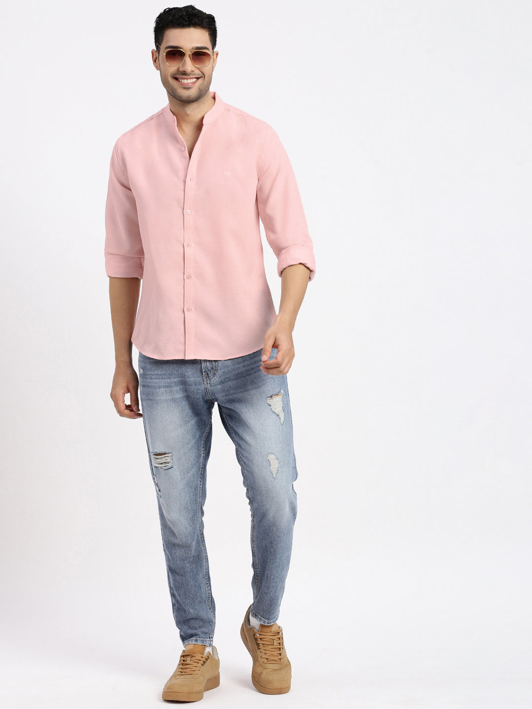 Men Peach Solid Slim Fit Shirt