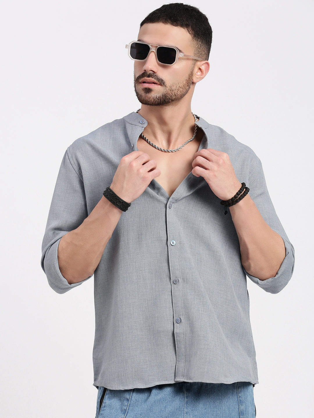 Men Grey Solid Slim Fit Shirt