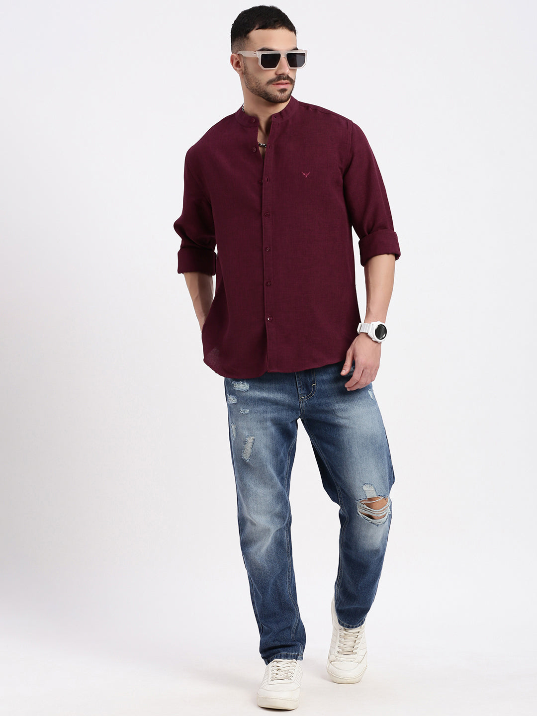 Men Maroon Solid Slim Fit Shirt