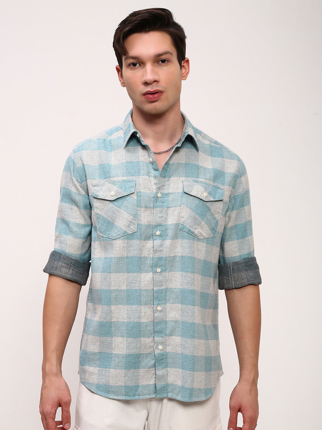 Men Blue Checked Slim Fit Shirt