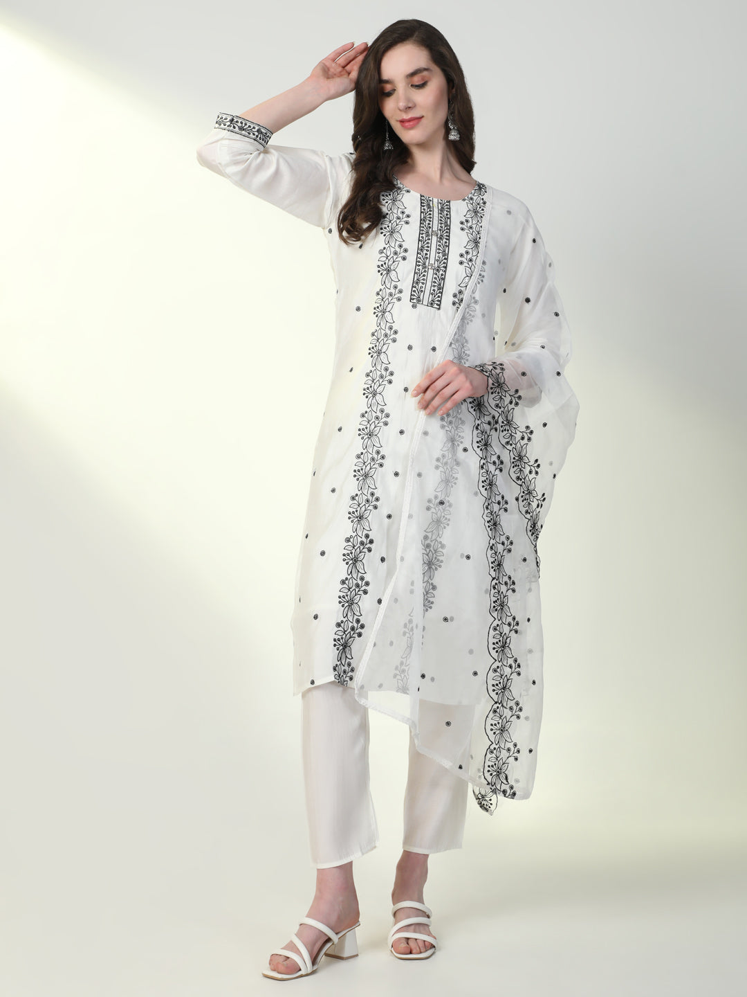 Women Off White Embroidered Kurta Set with Dupatta