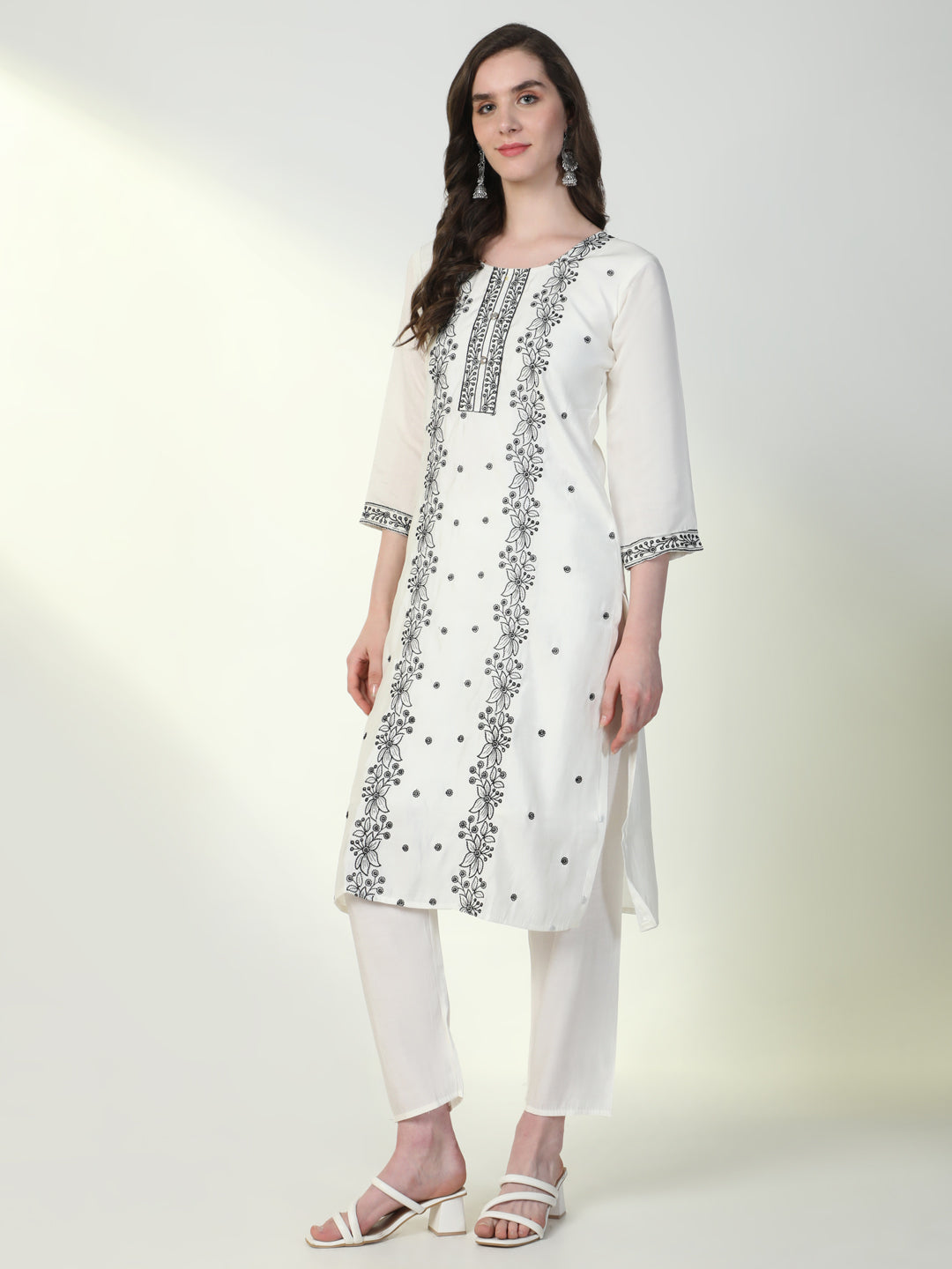 Women Off White Embroidered Kurta Set with Dupatta