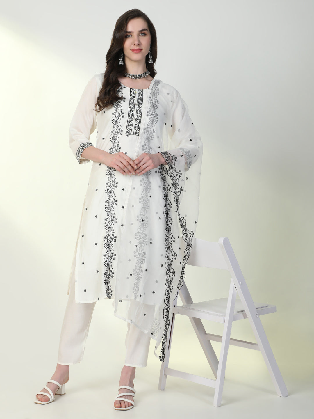 Women Off White Embroidered Kurta Set with Dupatta