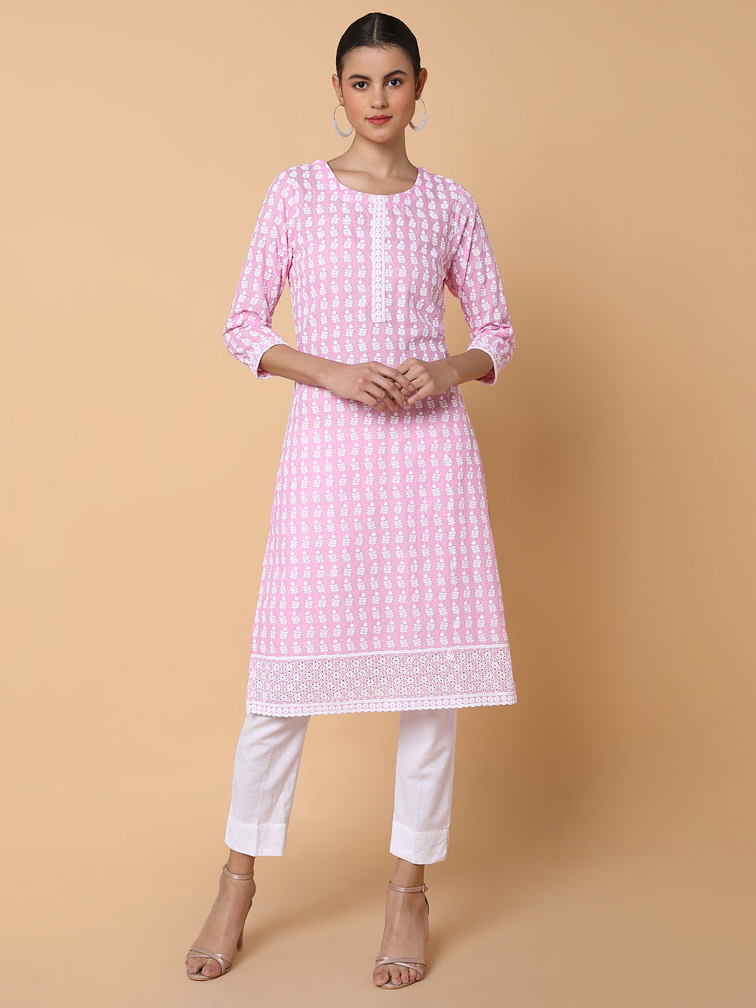 Women Floral Chikankari Pink Straight Kurta