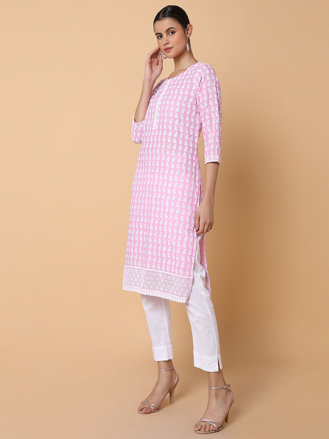 Women Floral Chikankari Pink Straight Kurta