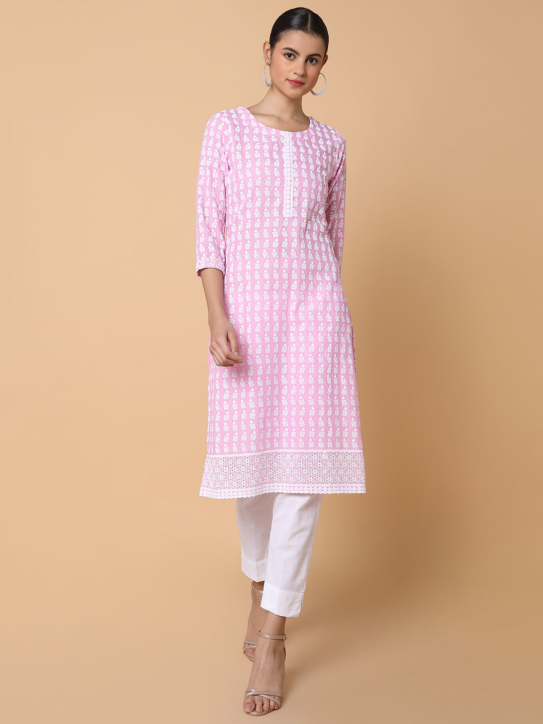 Women Floral Chikankari Pink Straight Kurta