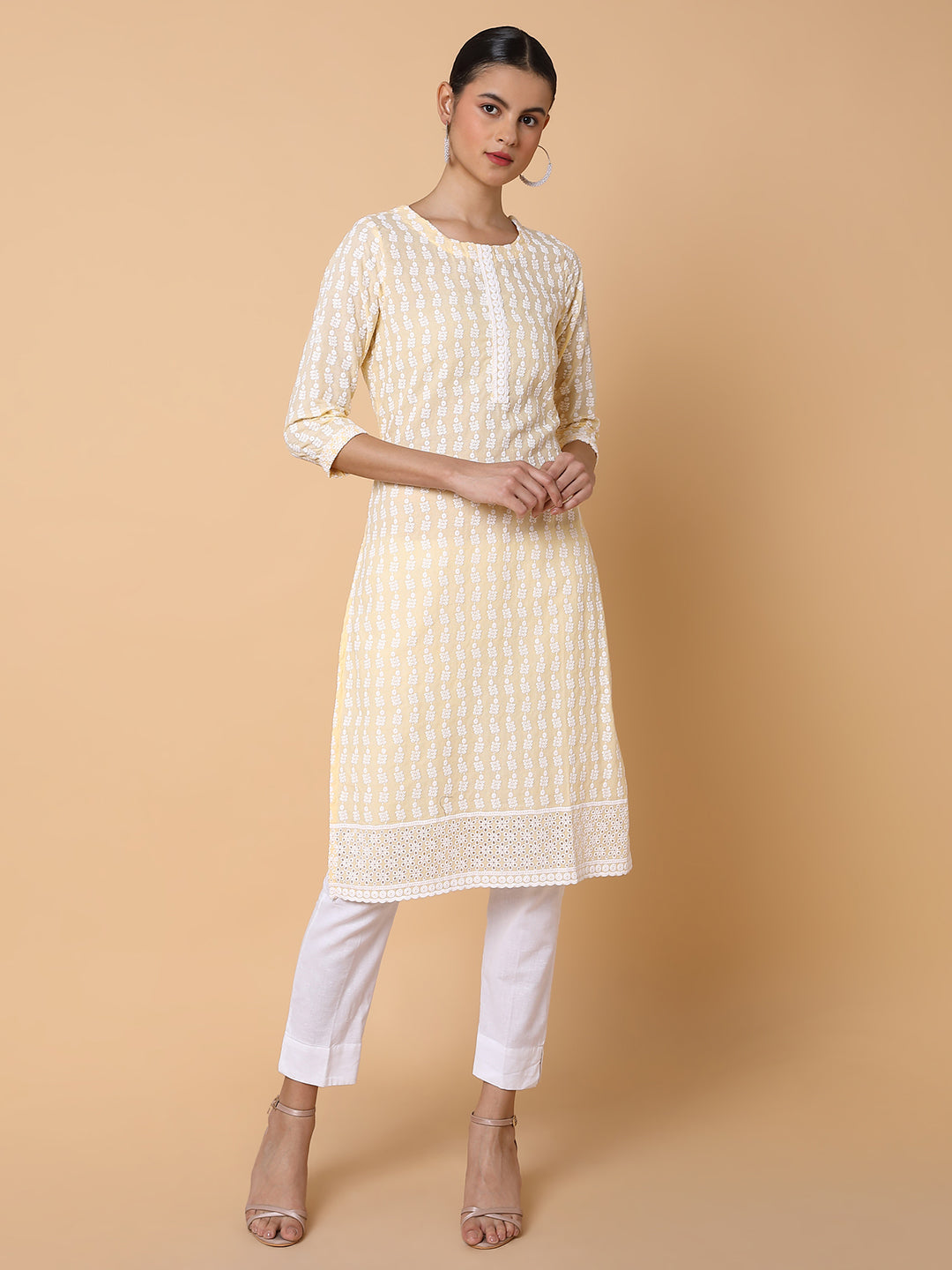 Women Floral Chikankari Yellow Straight Kurta