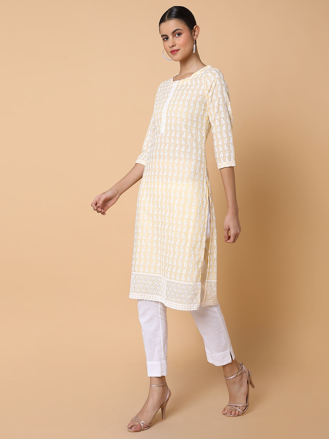 Women Floral Chikankari Yellow Straight Kurta