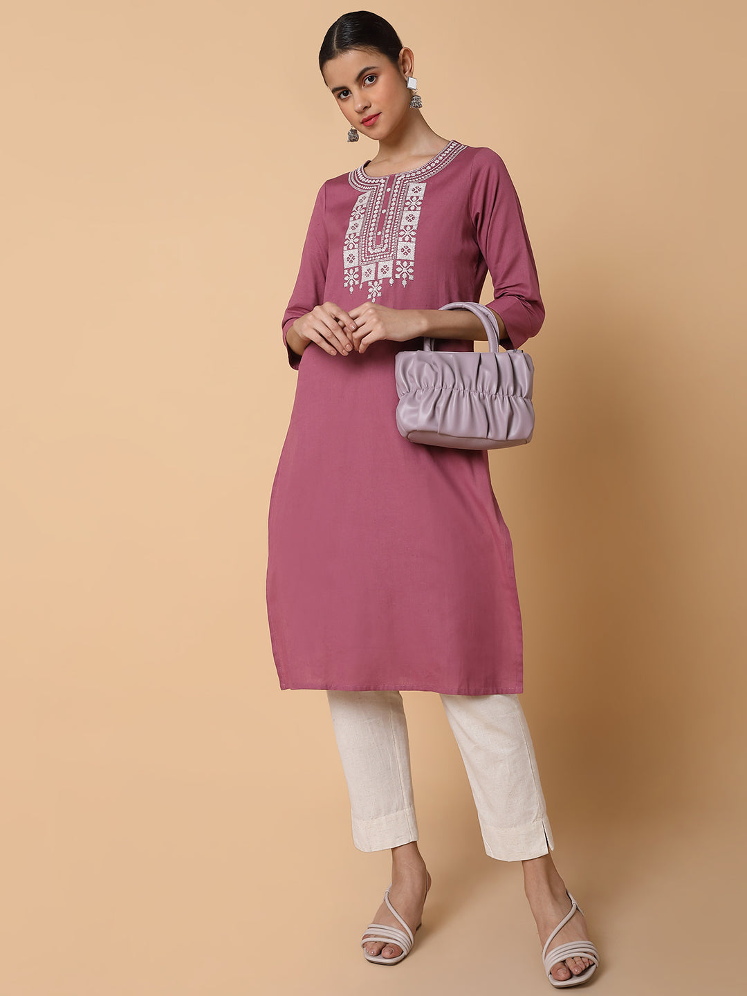 Women Solid Lavender Straight Kurta